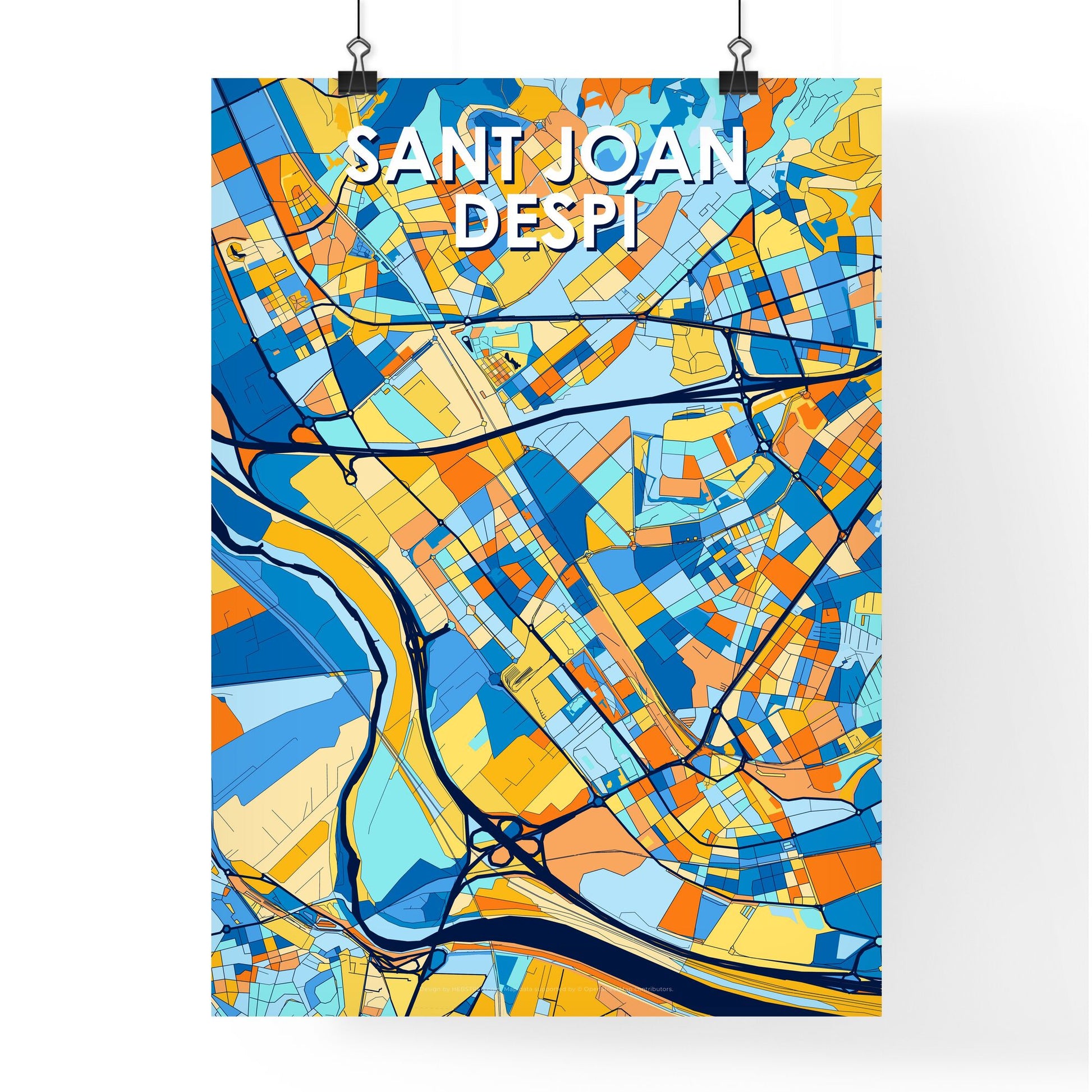 SANT JOAN DESPÍ SPAIN Vibrant Colorful Art Map Poster Blue Orange