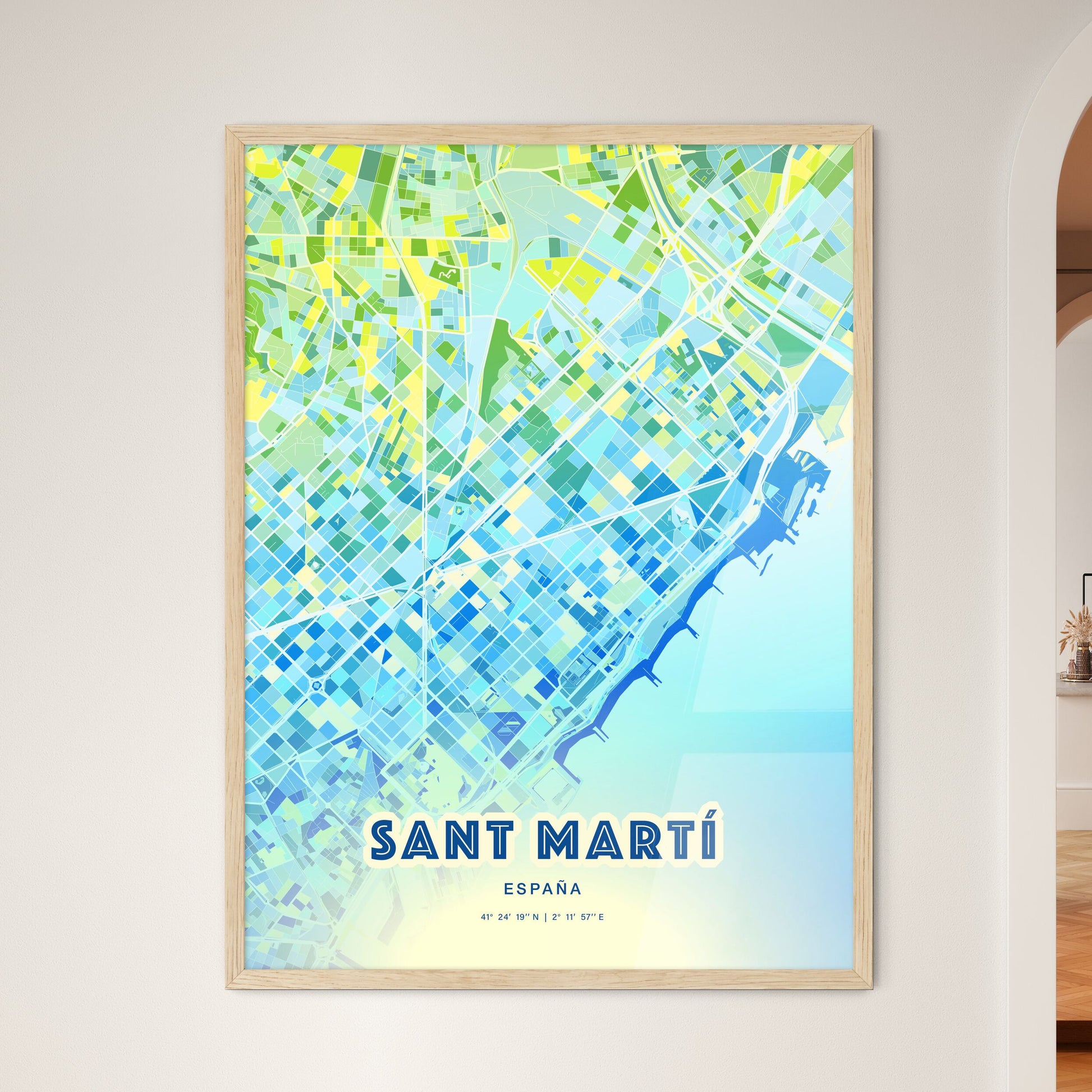 Colorful Sant Martí Spain Fine Art Map Cool Blue