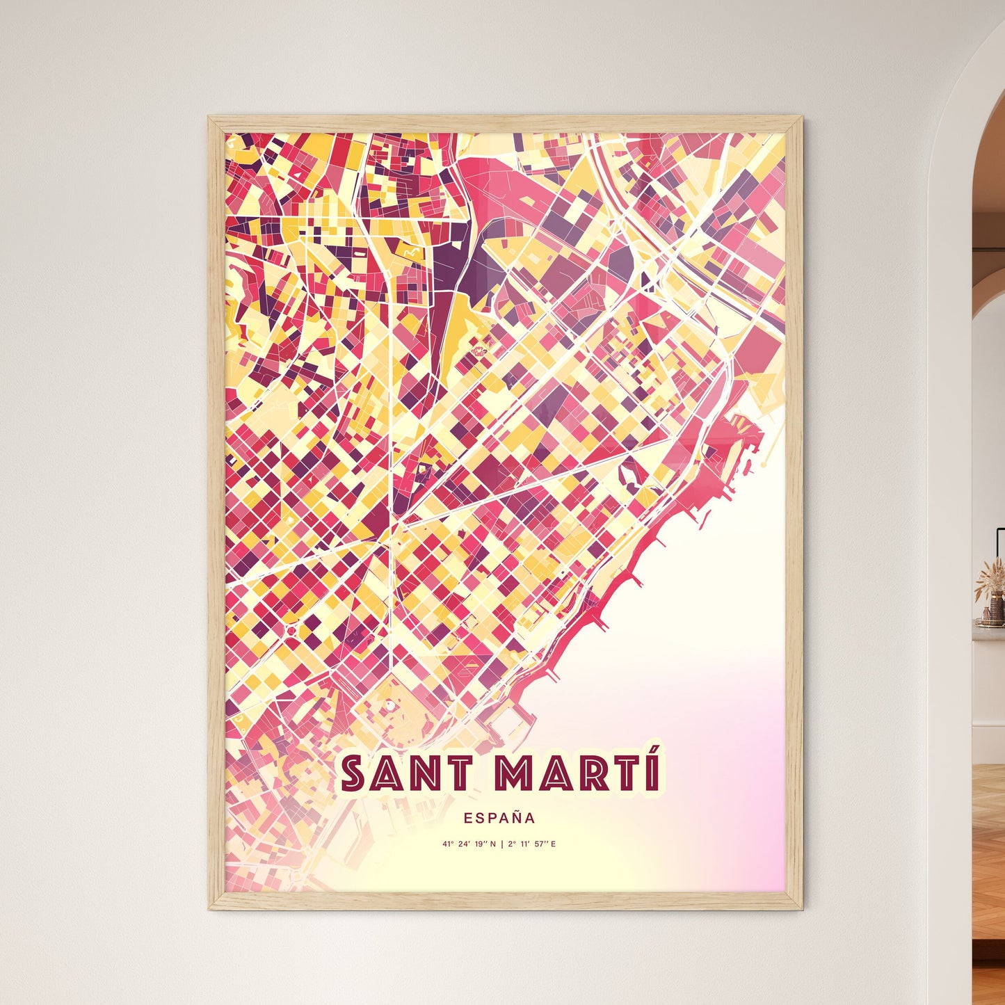 Colorful Sant Martí Spain Fine Art Map Hot Red