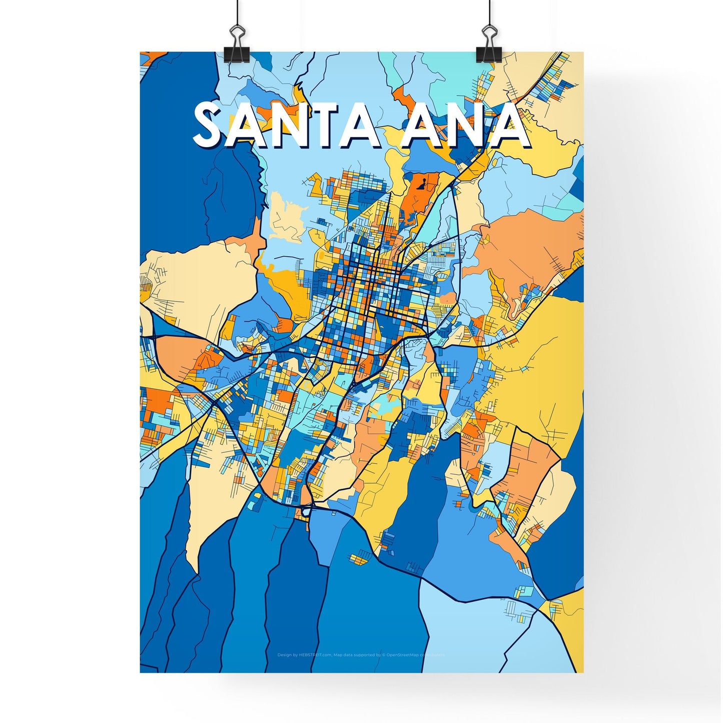 SANTA ANA EL SALVADOR Vibrant Colorful Art Map Poster Blue Orange