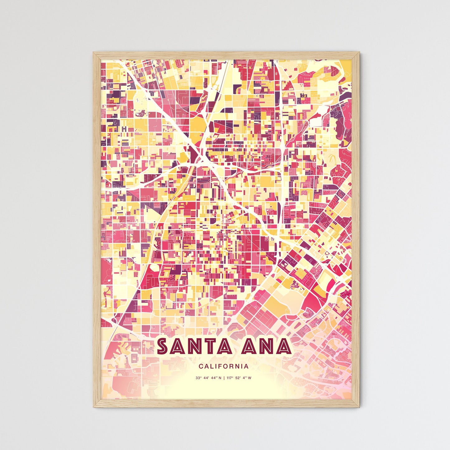 Colorful Santa Ana California Fine Art Map Hot Red