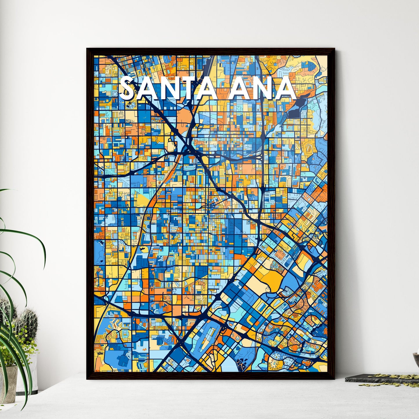 SANTA ANA CALIFORNIA Vibrant Colorful Art Map Poster Blue Orange