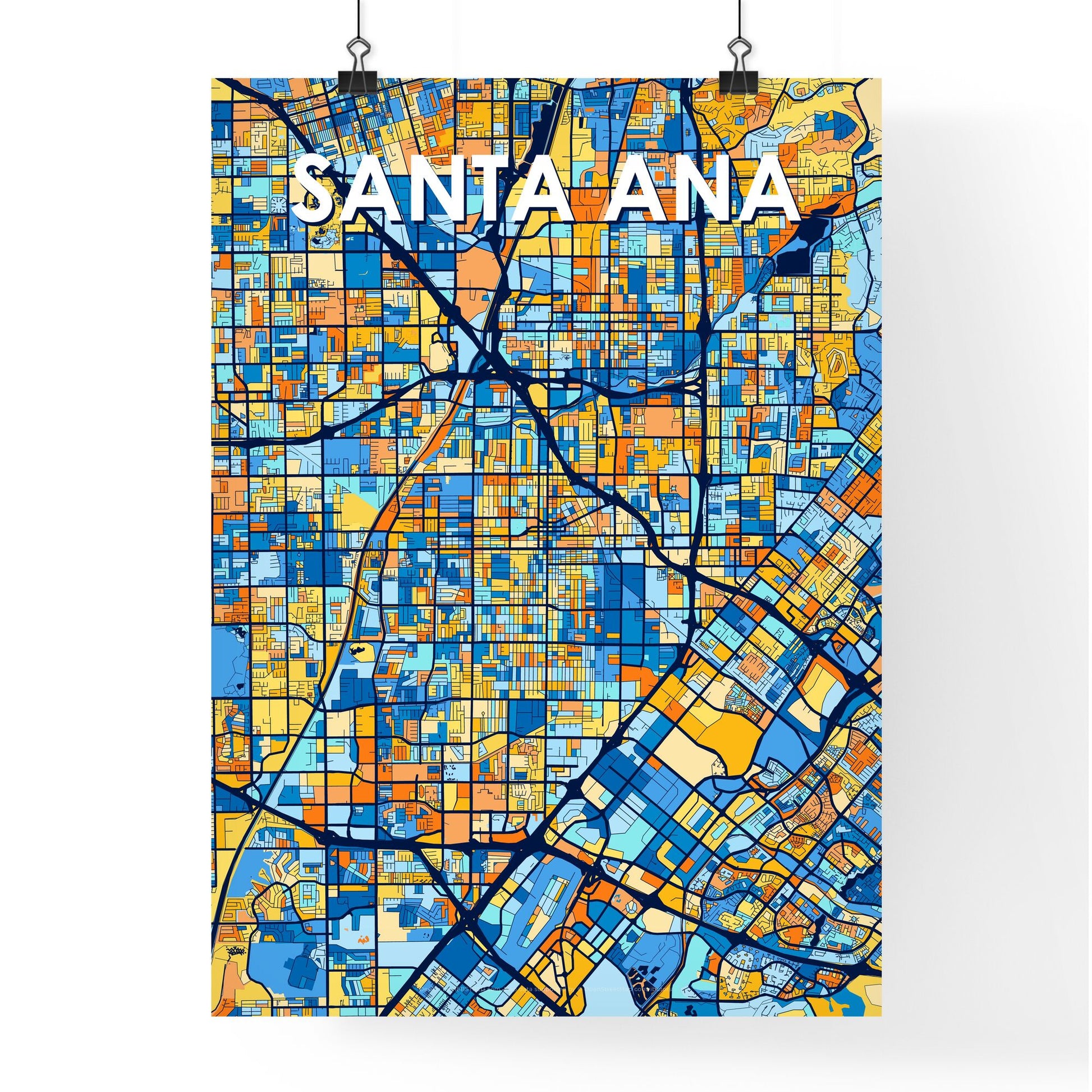 SANTA ANA CALIFORNIA Vibrant Colorful Art Map Poster Blue Orange