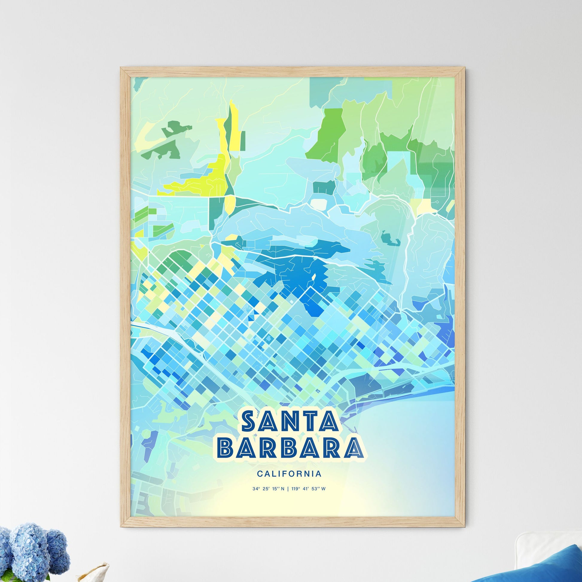 Colorful Santa Barbara California Fine Art Map Cool Blue