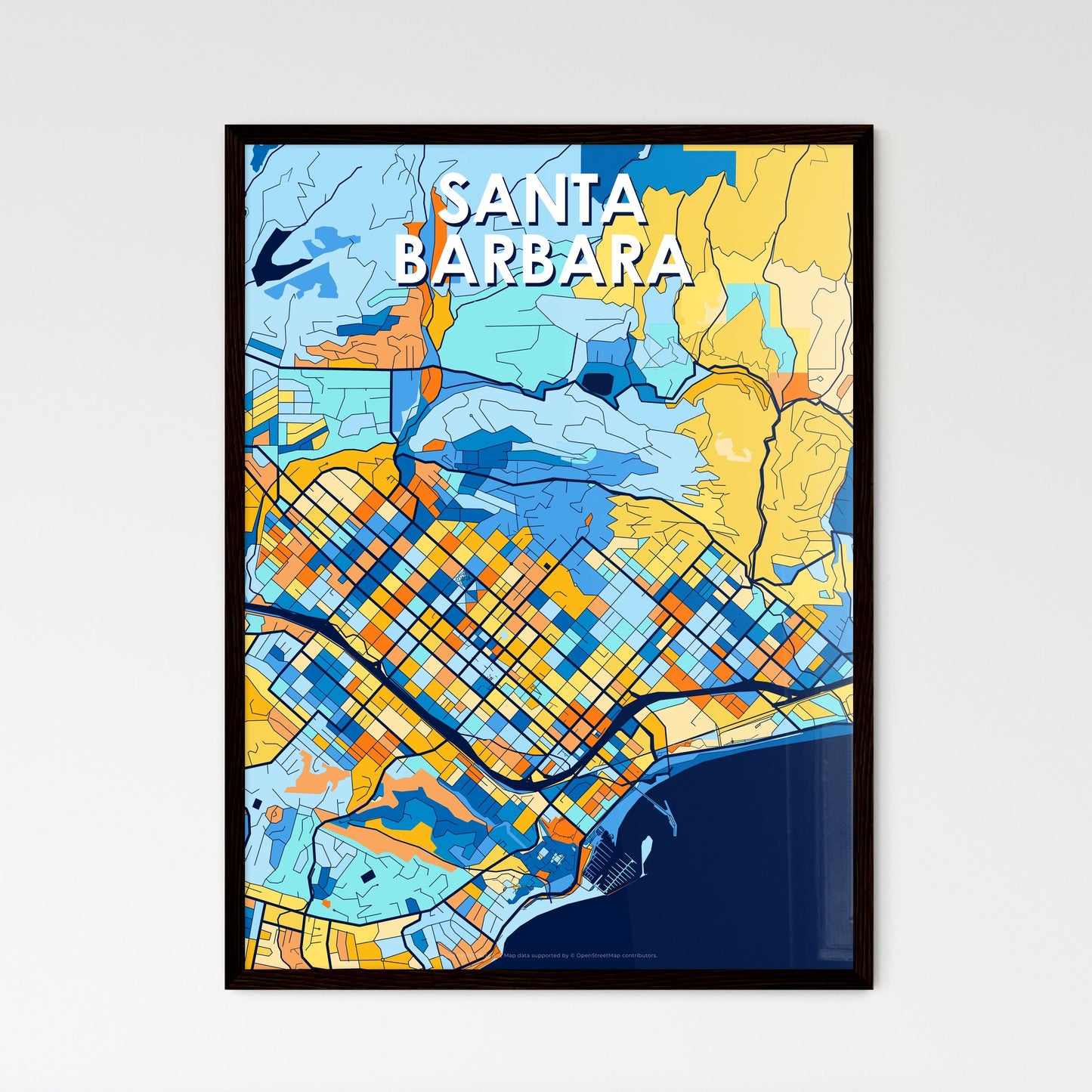 SANTA BARBARA CALIFORNIA Vibrant Colorful Art Map Poster Blue Orange