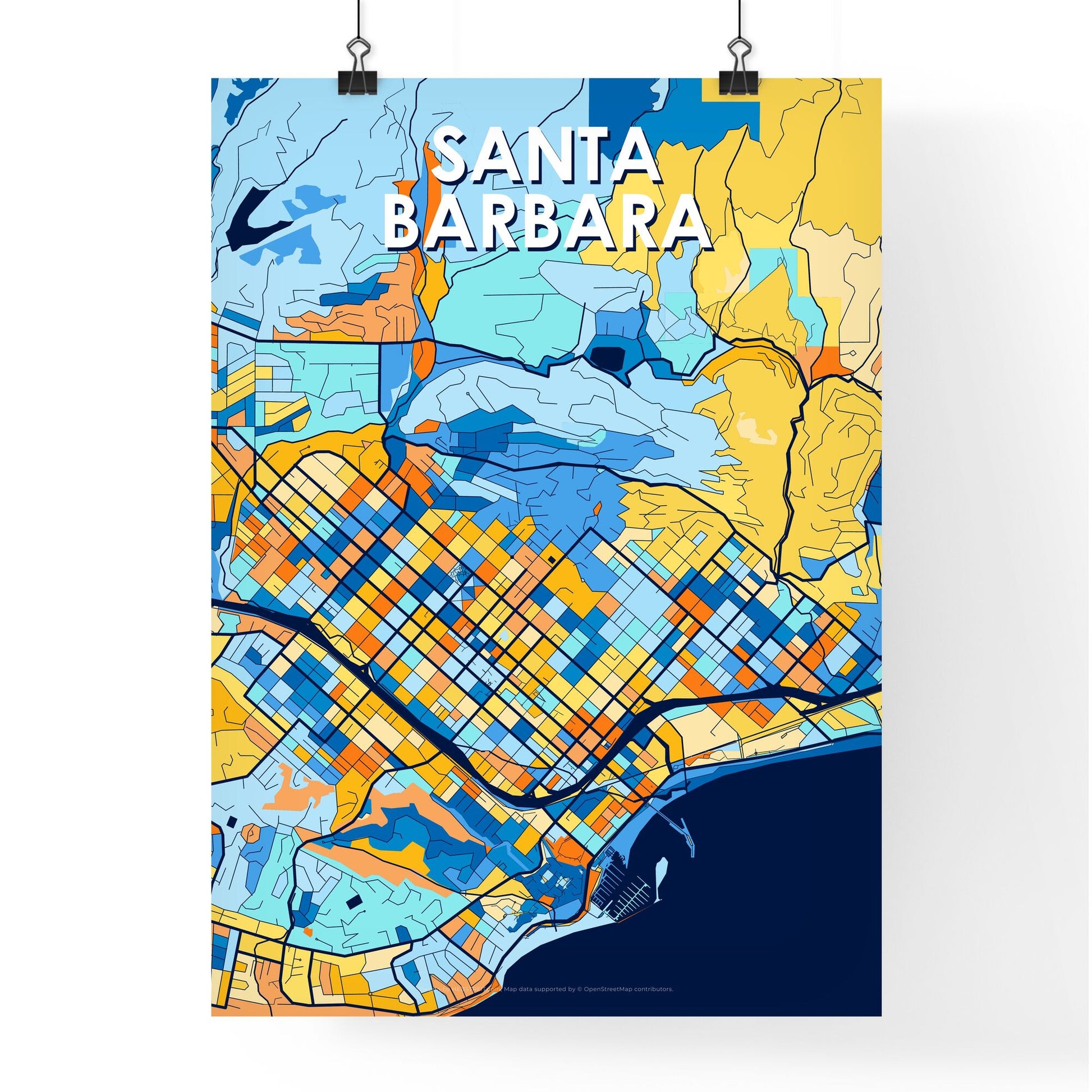 SANTA BARBARA CALIFORNIA Vibrant Colorful Art Map Poster Blue Orange