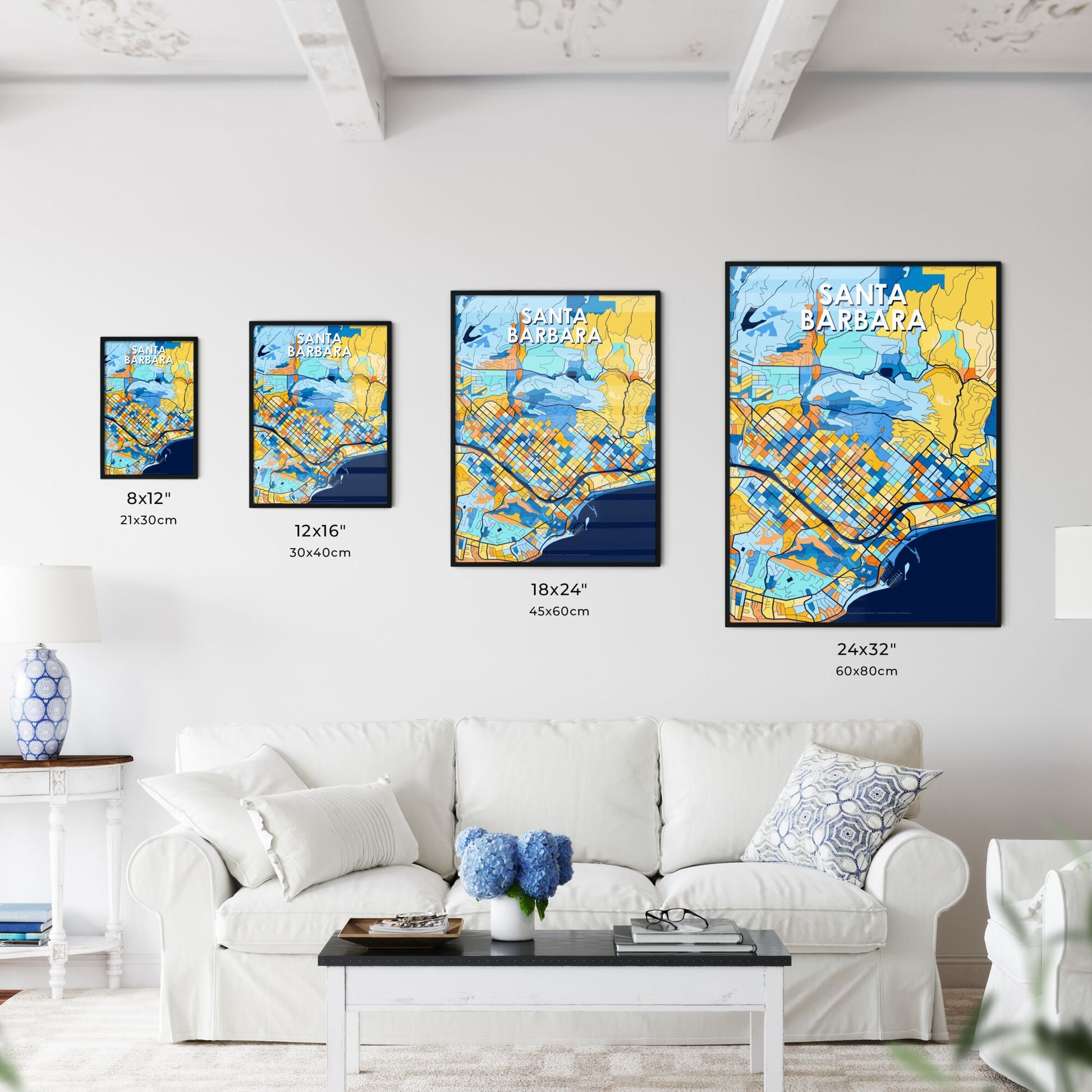 SANTA BARBARA CALIFORNIA Vibrant Colorful Art Map Poster Blue Orange