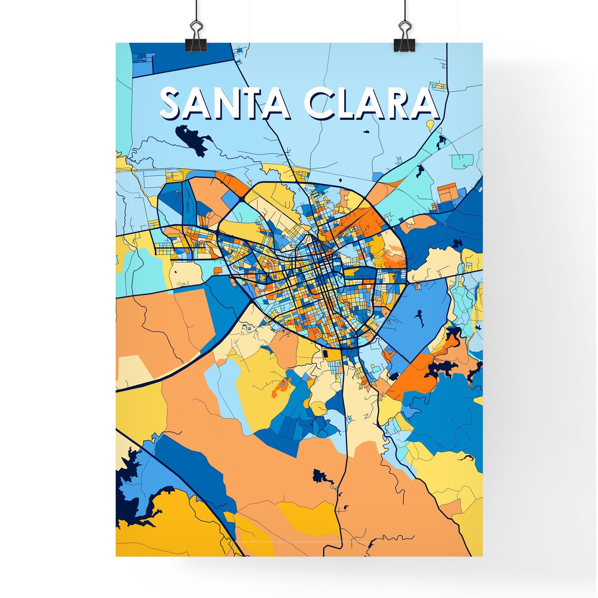 SANTA CLARA CUBA Vibrant Colorful Art Map Poster Blue Orange