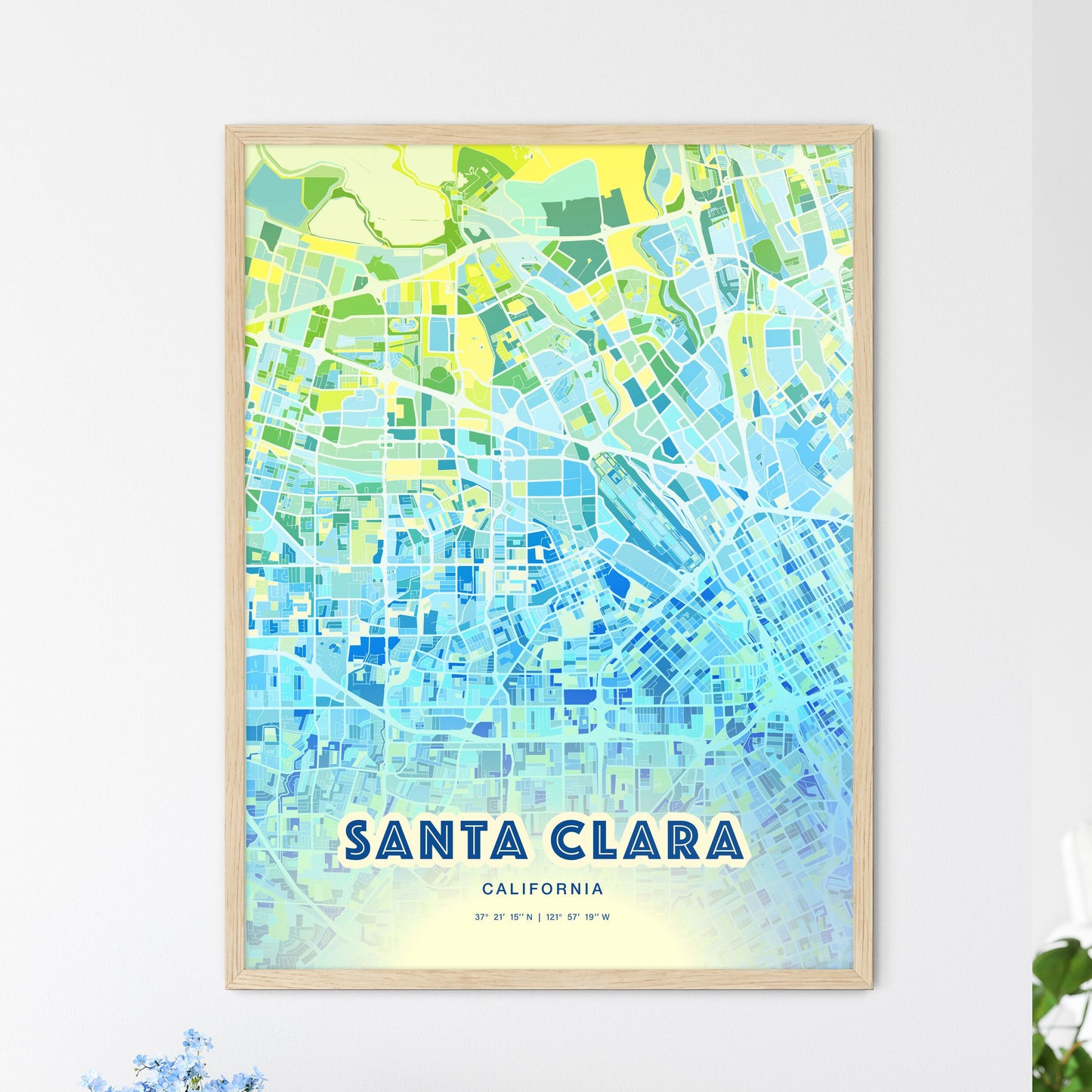 Colorful Santa Clara California Fine Art Map Cool Blue