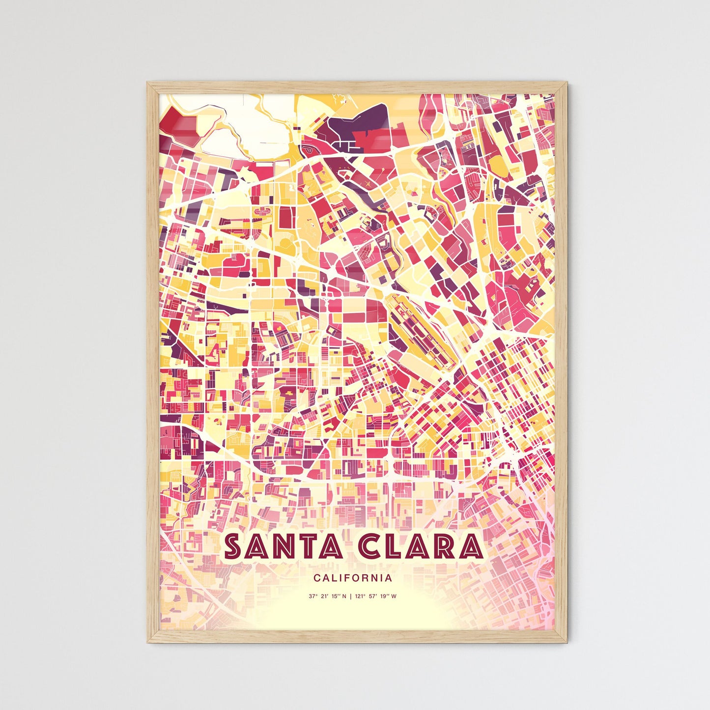 Colorful Santa Clara California Fine Art Map Hot Red