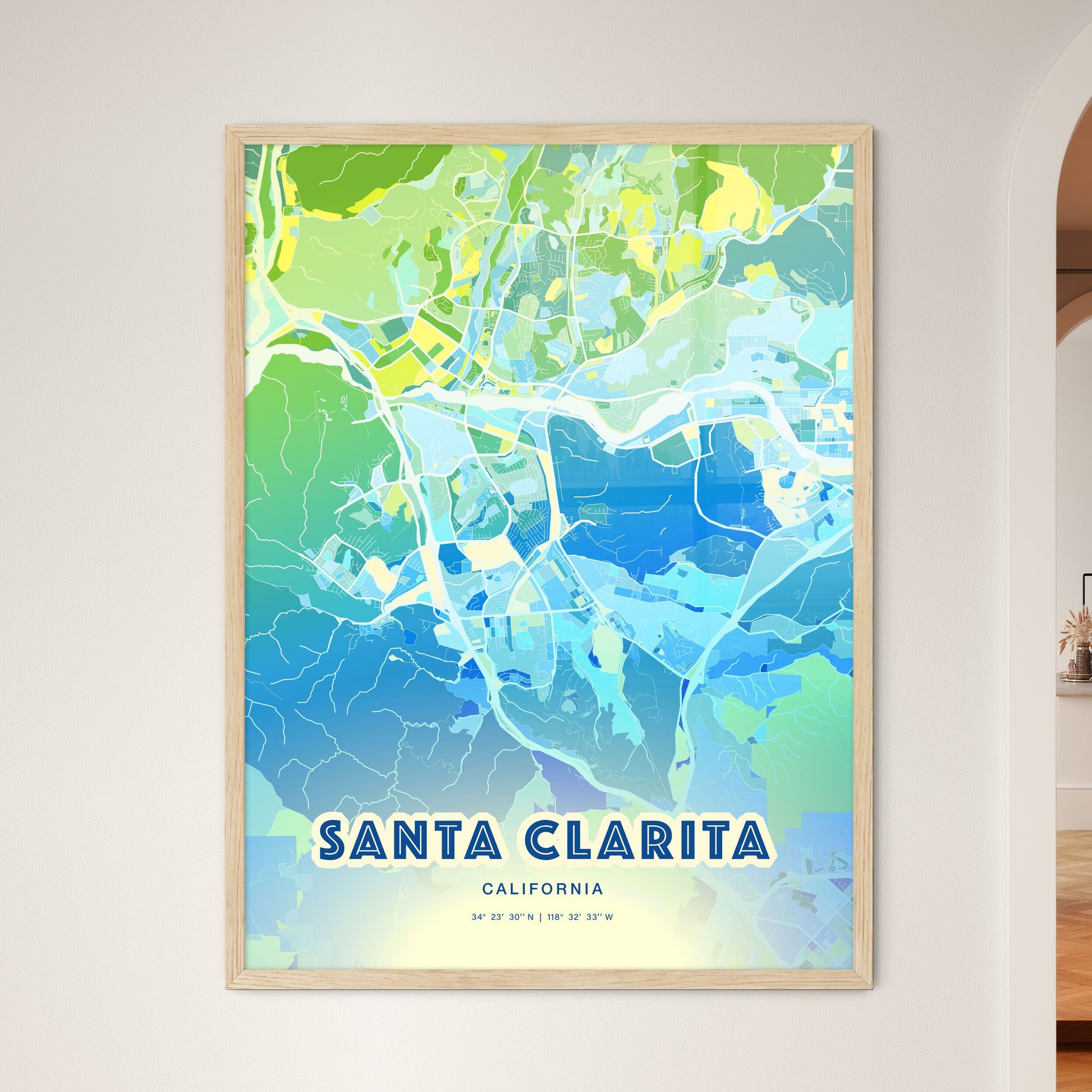 Colorful Santa Clarita California Fine Art Map Cool Blue
