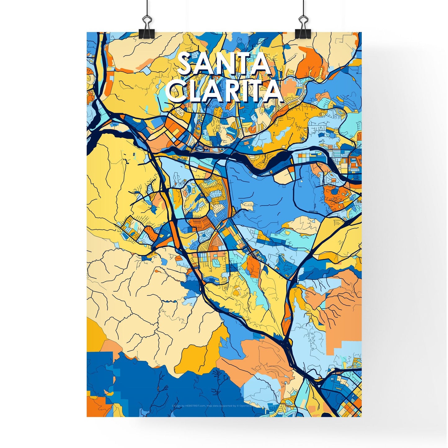 SANTA CLARITA CALIFORNIA Vibrant Colorful Art Map Poster Blue Orange