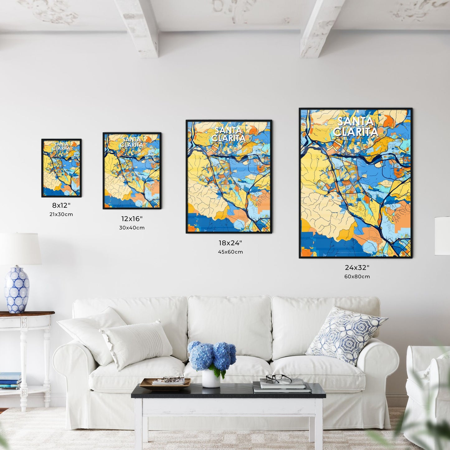 SANTA CLARITA CALIFORNIA Vibrant Colorful Art Map Poster Blue Orange