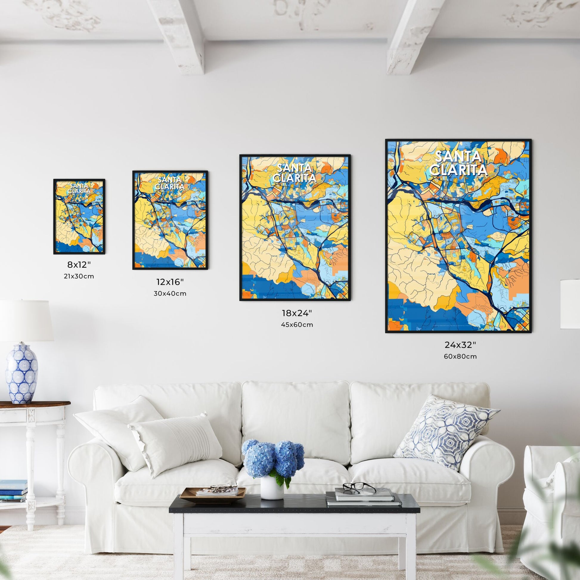 SANTA CLARITA CALIFORNIA Vibrant Colorful Art Map Poster Blue Orange