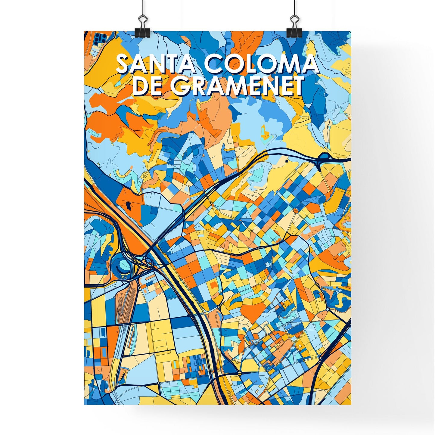 SANTA COLOMA DE GRAMENET SPAIN Vibrant Colorful Art Map Poster Blue Orange