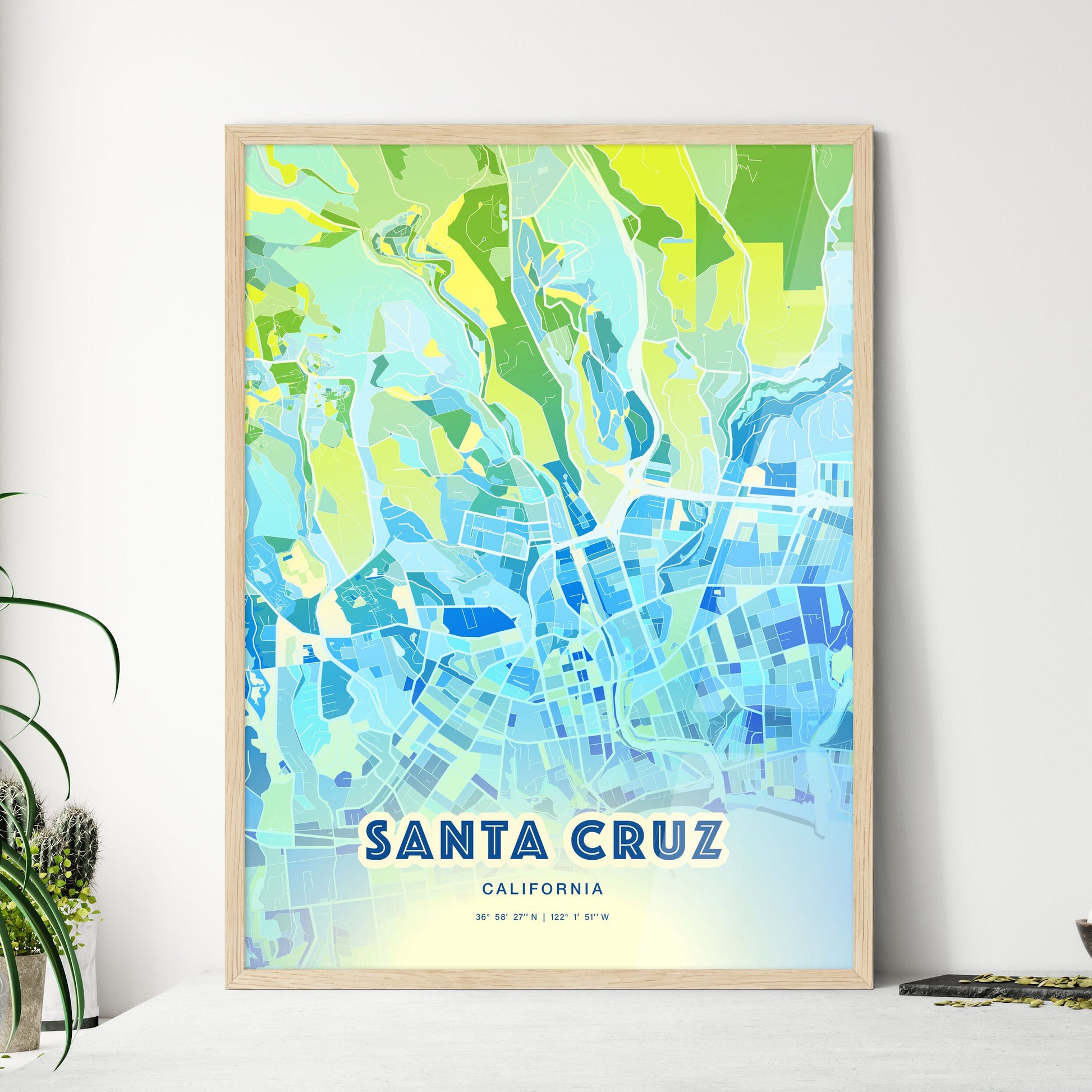 Colorful Santa Cruz California Fine Art Map Cool Blue