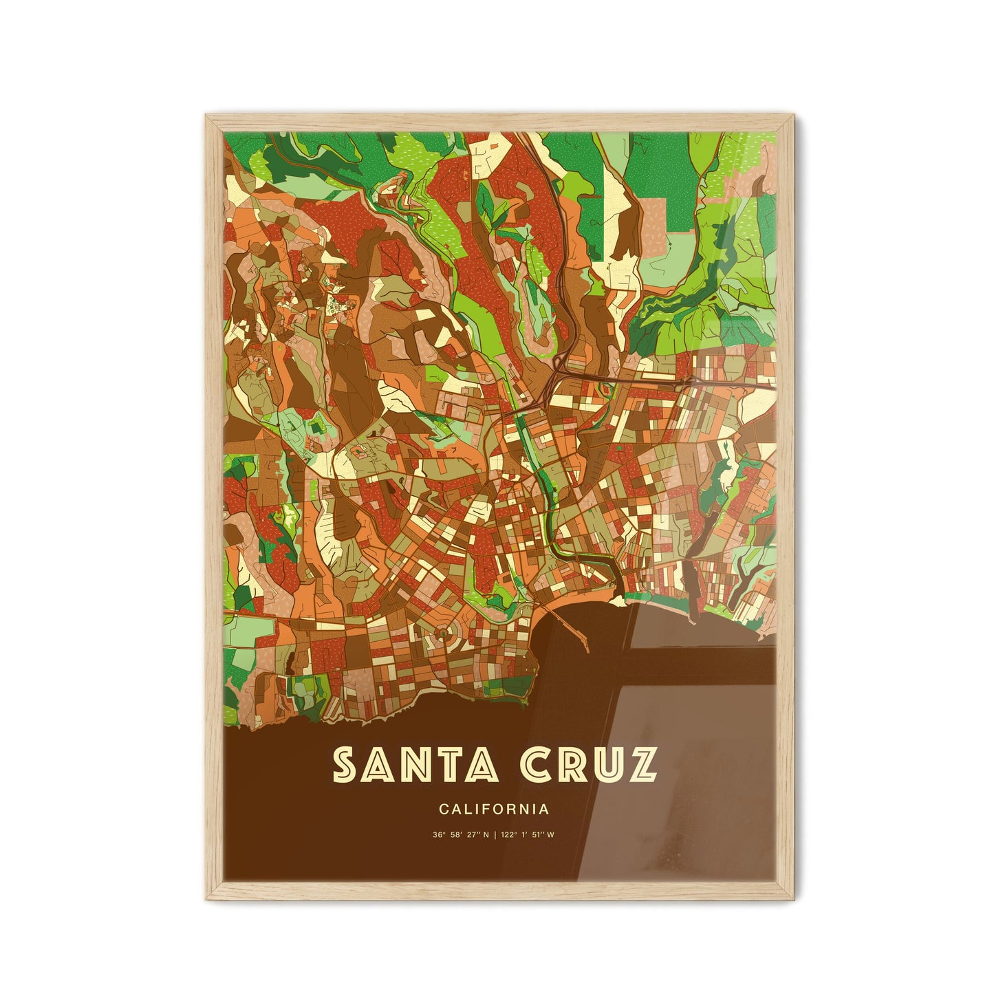 Colorful Santa Cruz California Fine Art Map Farmhouse