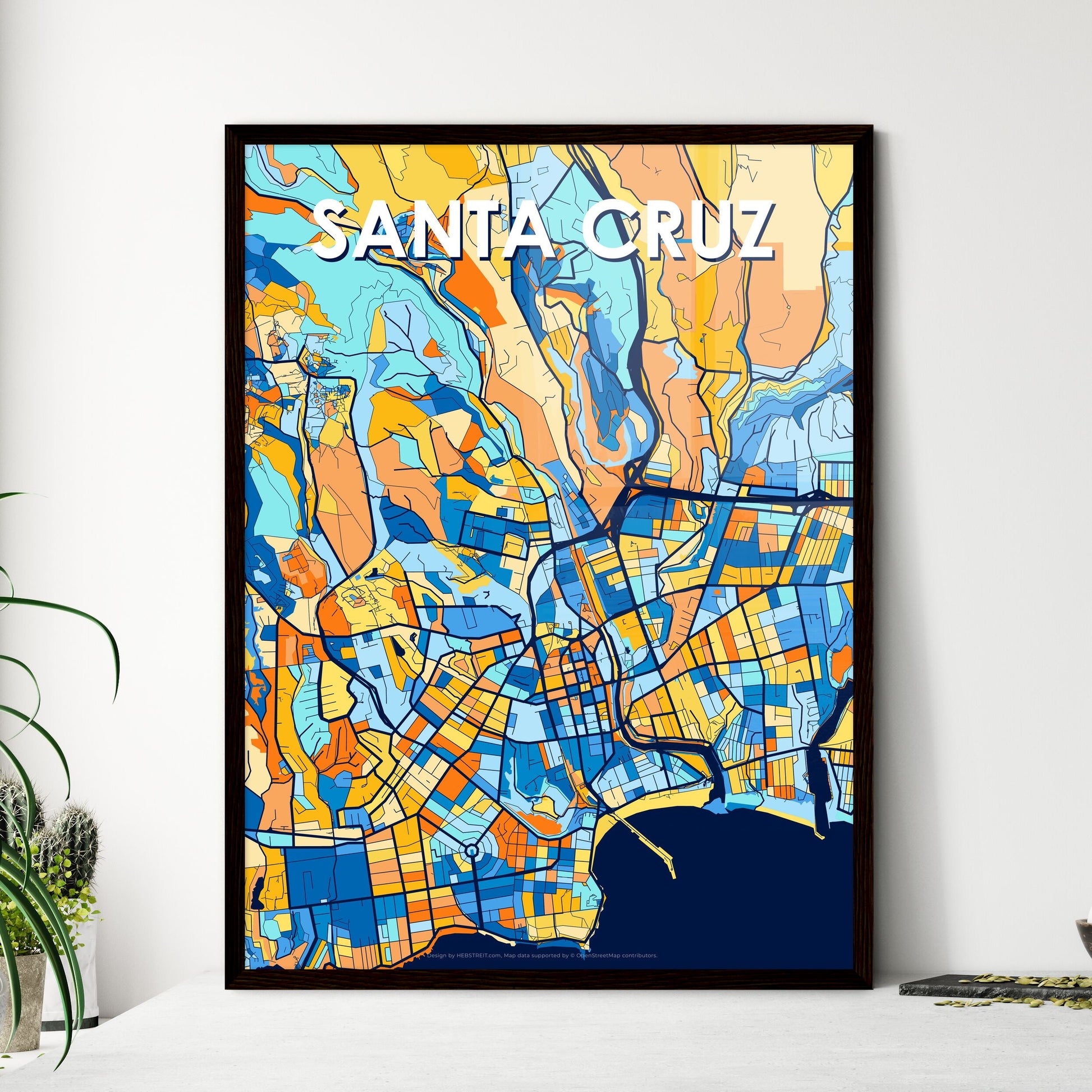 SANTA CRUZ CALIFORNIA Vibrant Colorful Art Map Poster Blue Orange