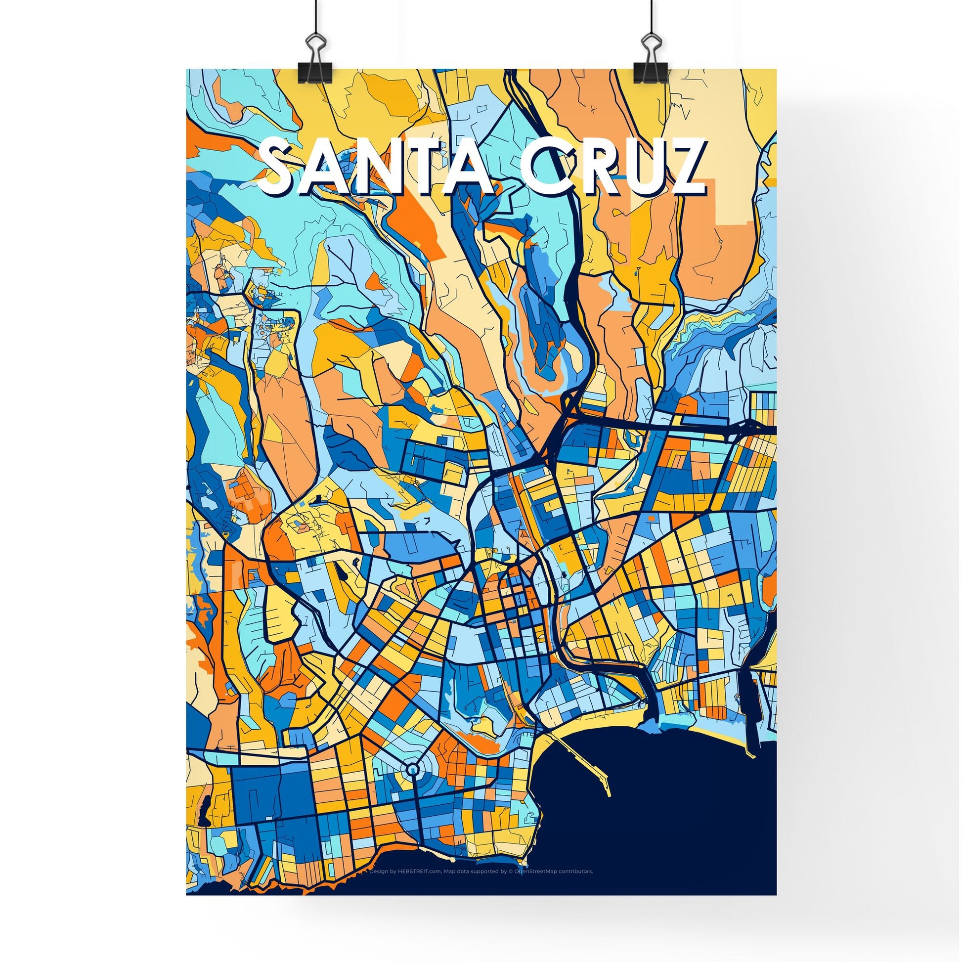 SANTA CRUZ CALIFORNIA Vibrant Colorful Art Map Poster Blue Orange