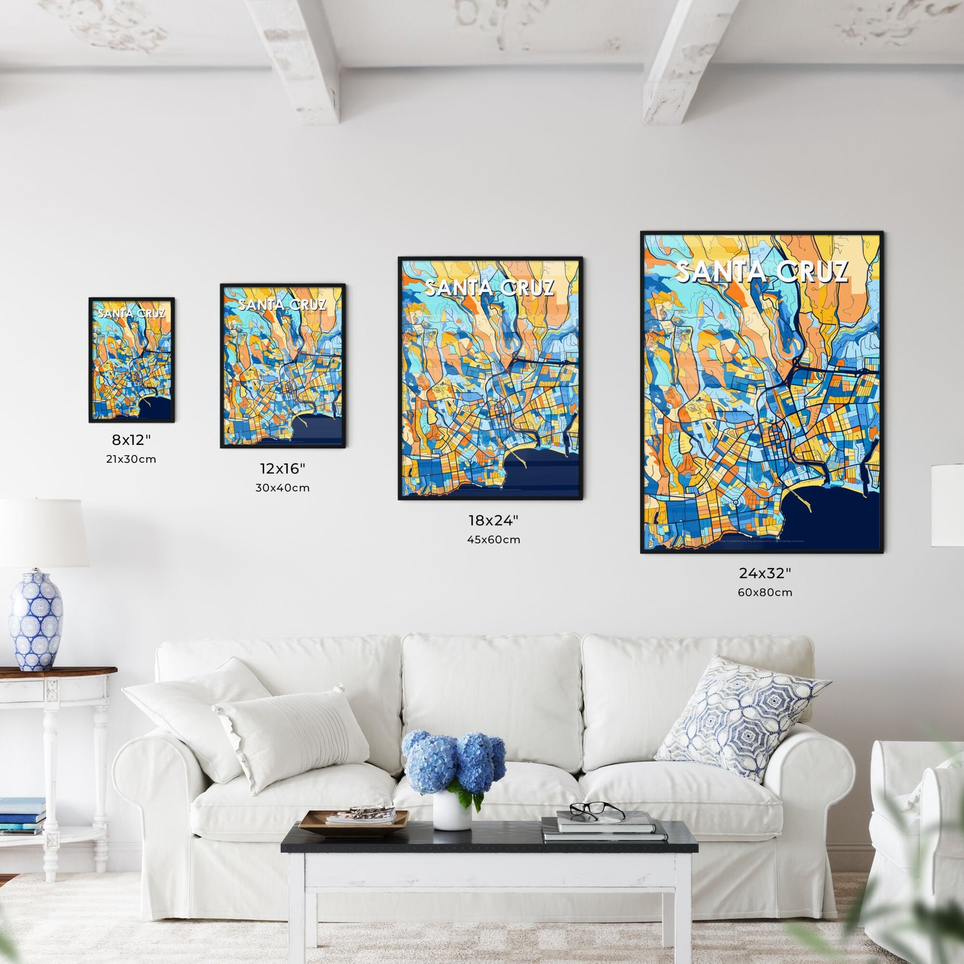 SANTA CRUZ CALIFORNIA Vibrant Colorful Art Map Poster Blue Orange