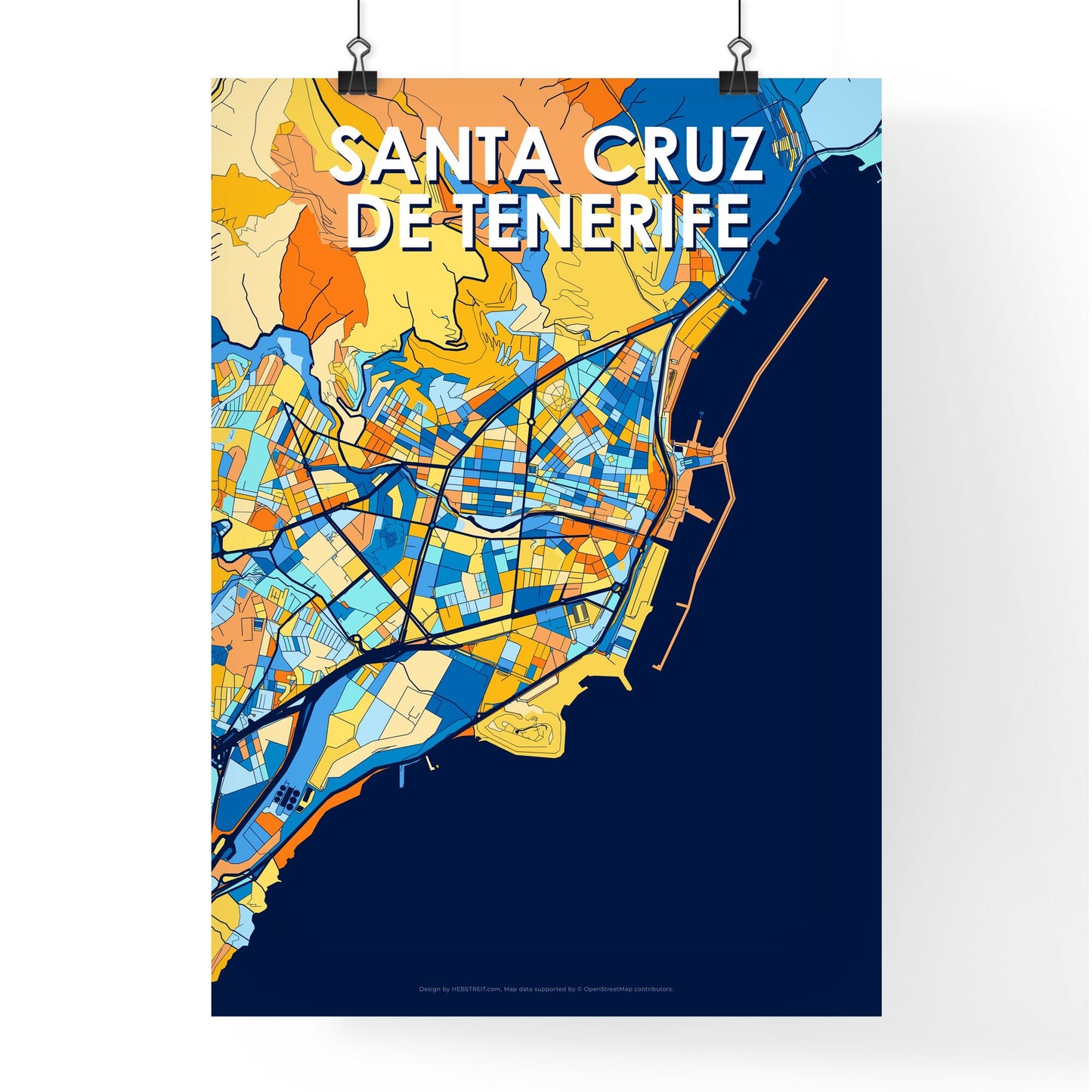 SANTA CRUZ DE TENERIFE SPAIN Vibrant Colorful Art Map Poster Blue Orange