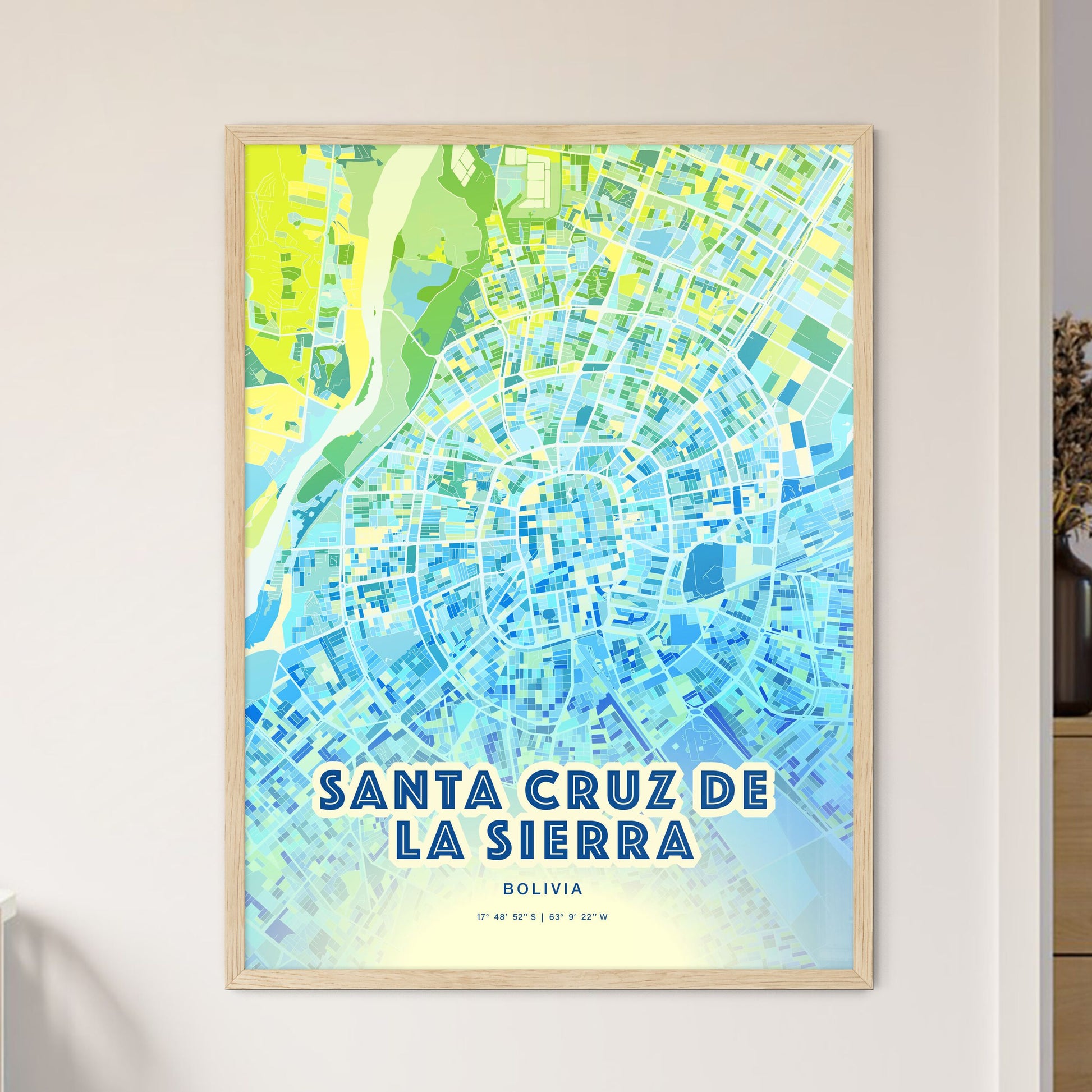Colorful Santa Cruz De La Sierra Bolivia Fine Art Map Cool Blue