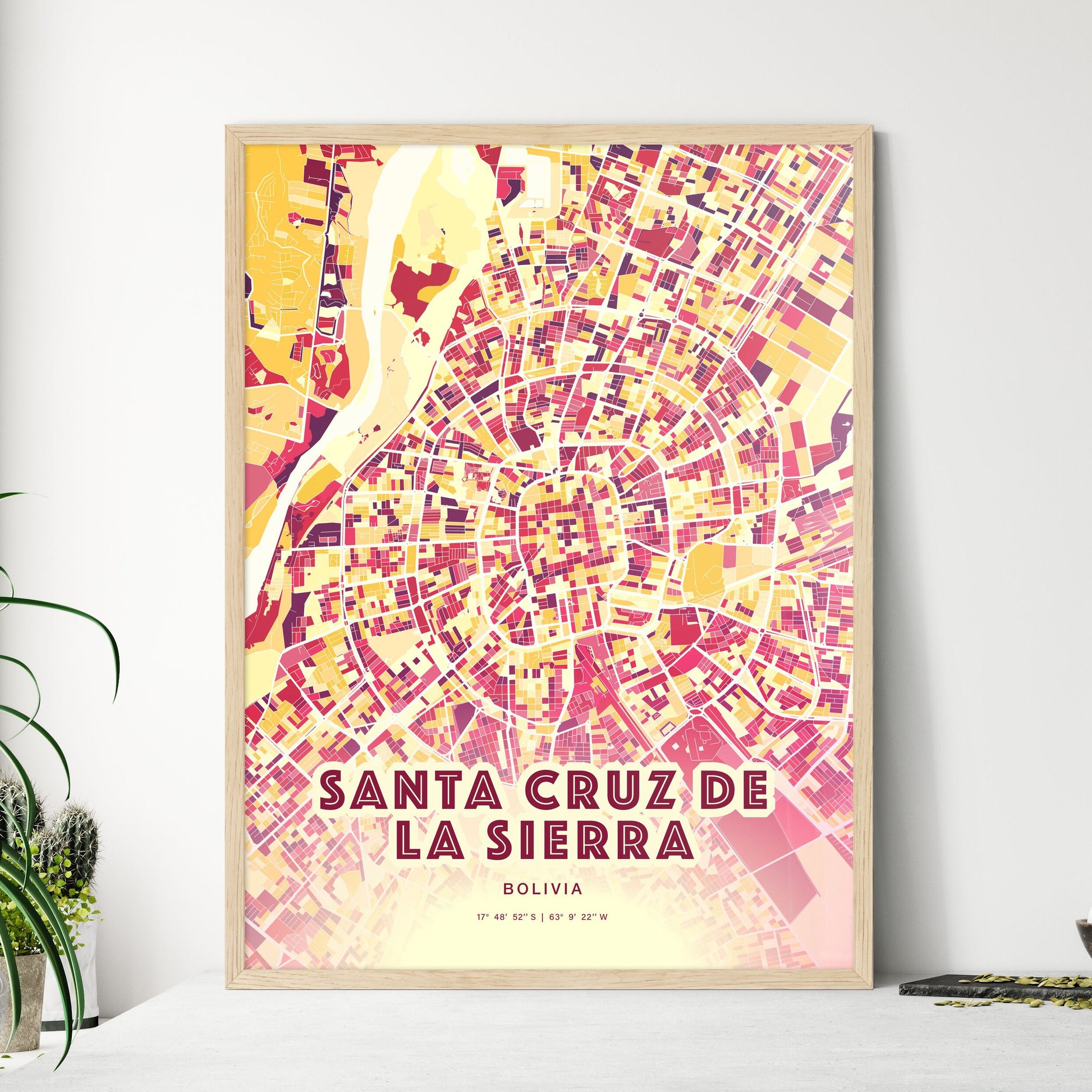 Colorful Santa Cruz De La Sierra Bolivia Fine Art Map Hot Red