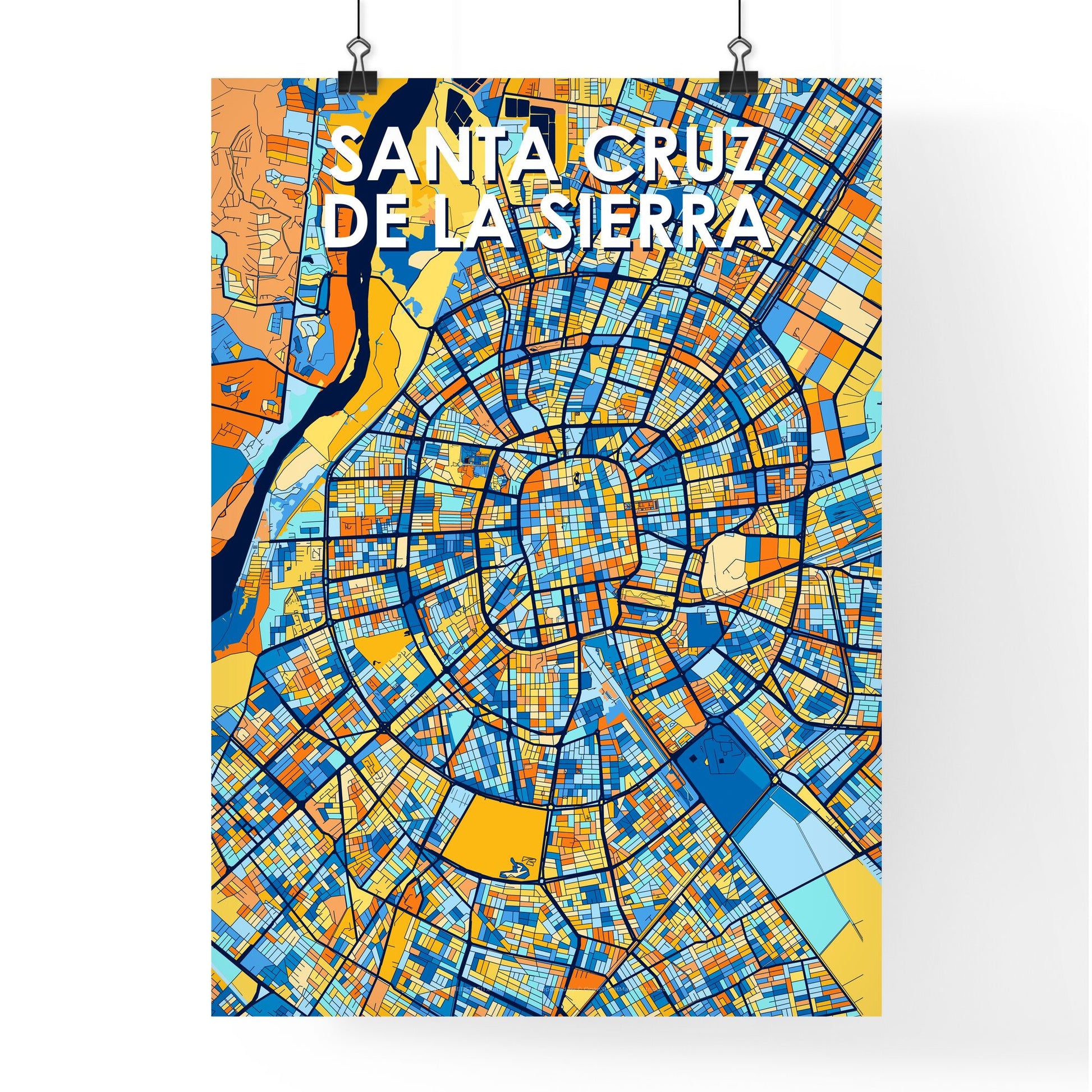 SANTA CRUZ DE LA SIERRA BOLIVIA Vibrant Colorful Art Map Poster Blue Orange