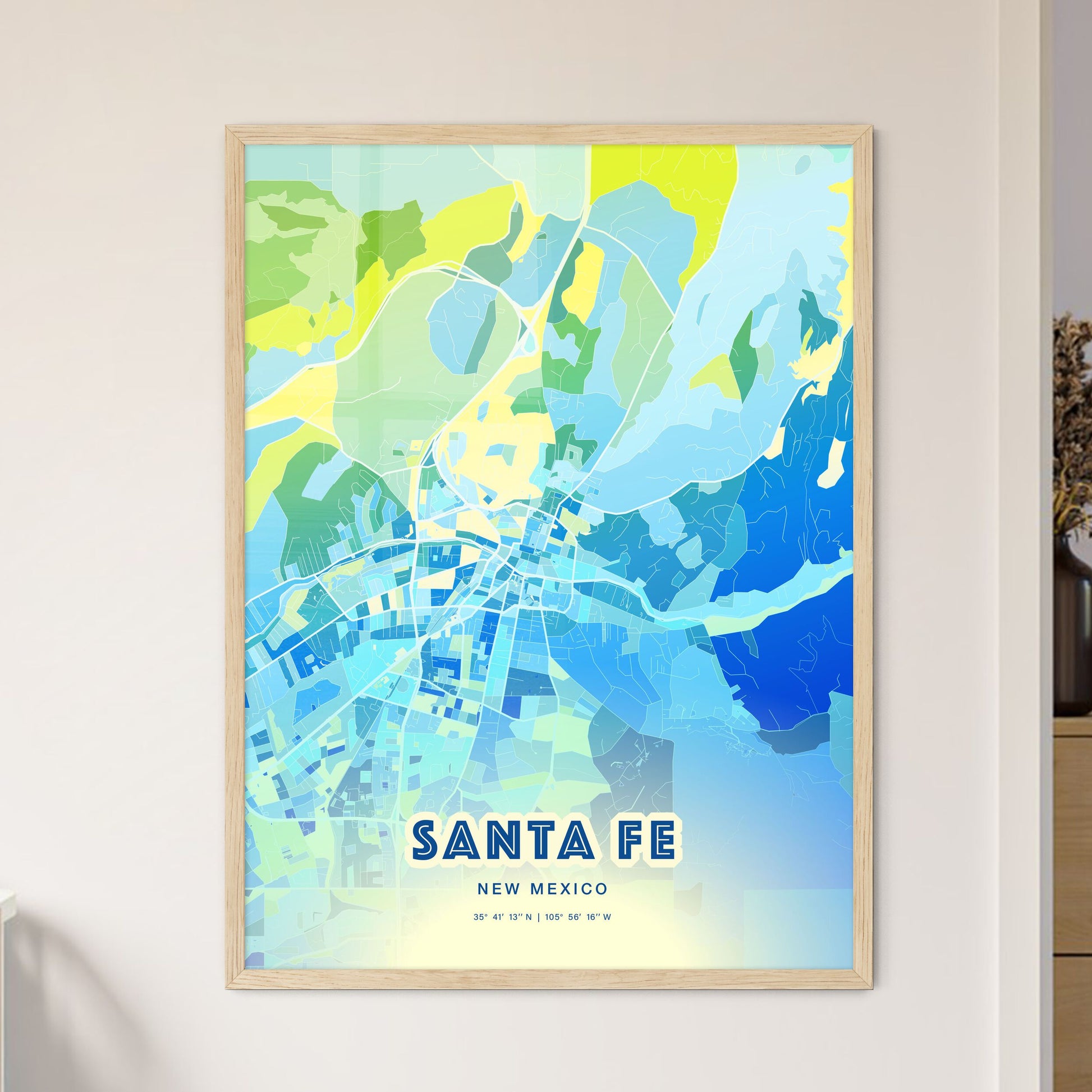 Colorful Santa Fe New Mexico Fine Art Map Cool Blue