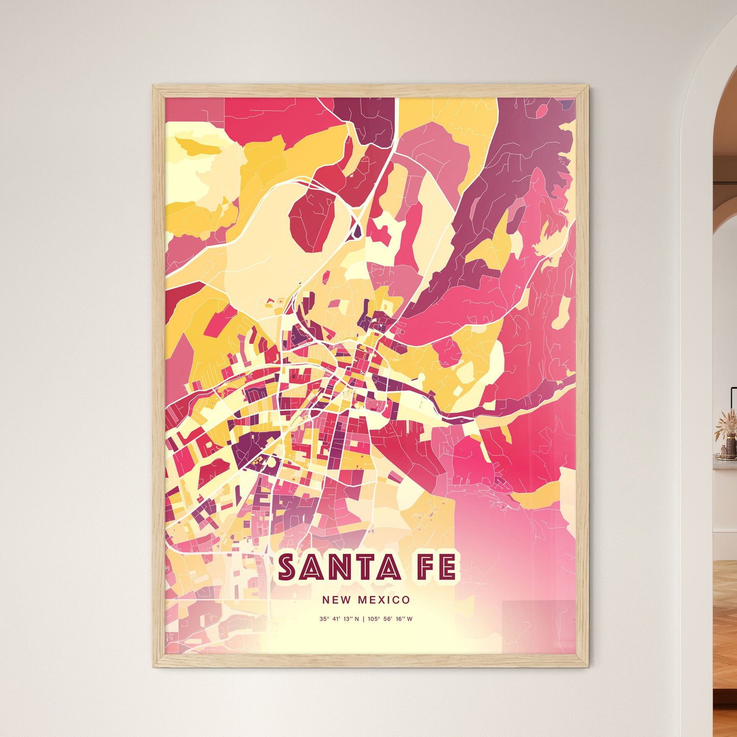 Colorful Santa Fe New Mexico Fine Art Map Hot Red