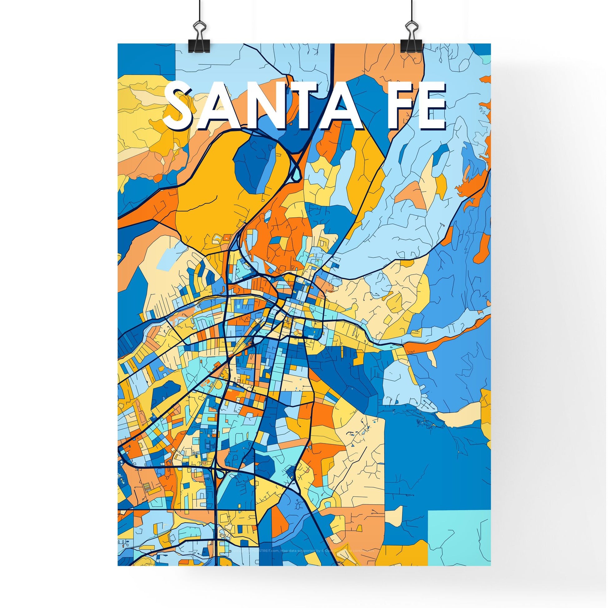 SANTA FE NEW MEXICO Vibrant Colorful Art Map Poster Blue Orange