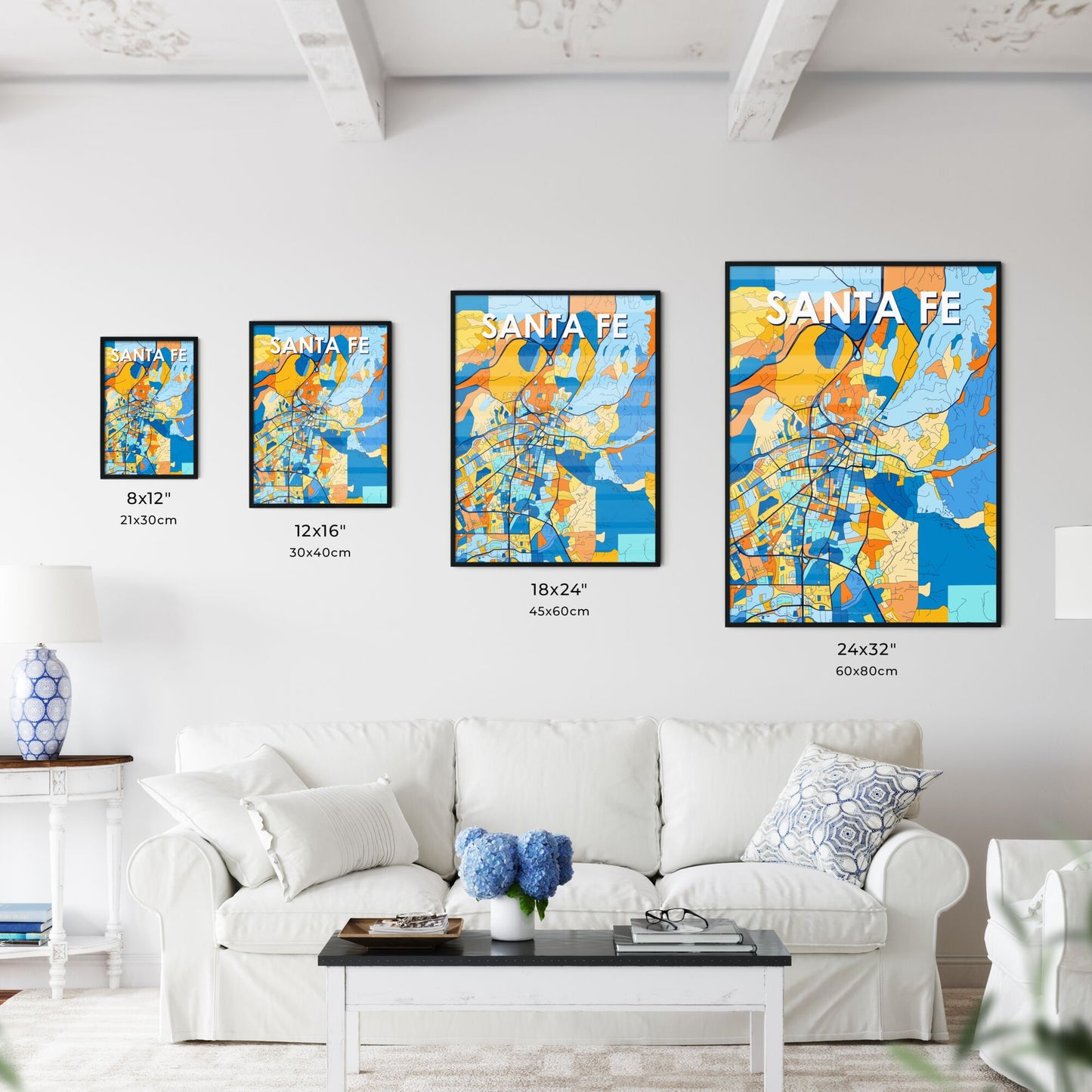 SANTA FE NEW MEXICO Vibrant Colorful Art Map Poster Blue Orange