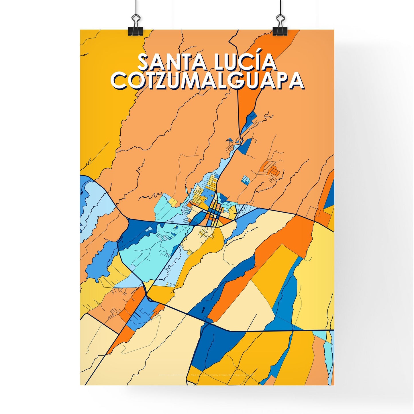 SANTA LUCÍA COTZUMALGUAPA GUATEMALA Vibrant Colorful Art Map Poster Blue Orange