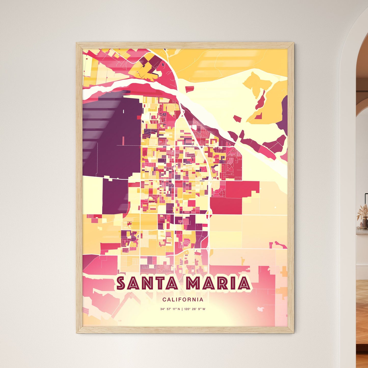 Colorful Santa Maria California Fine Art Map Hot Red