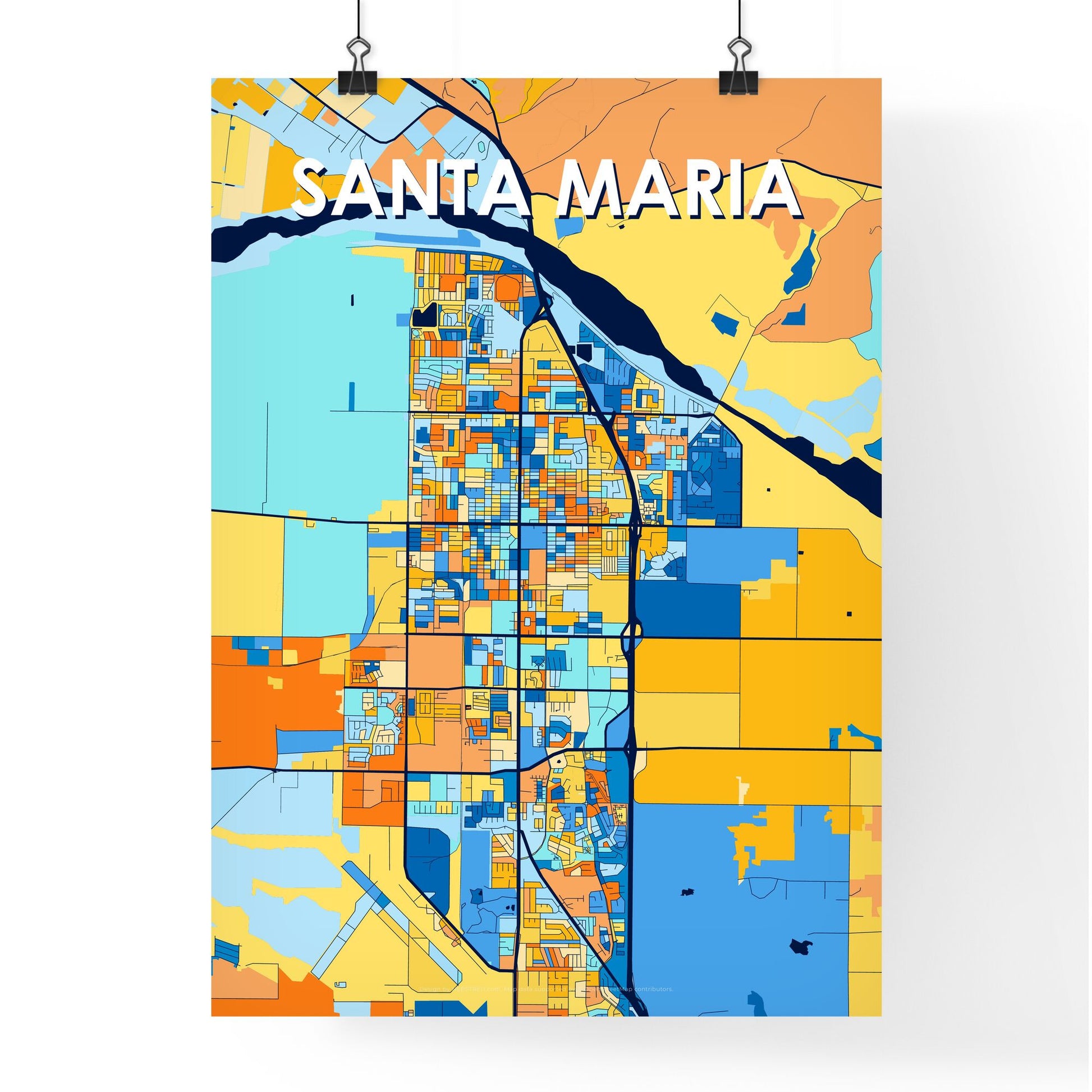 SANTA MARIA CALIFORNIA Vibrant Colorful Art Map Poster Blue Orange