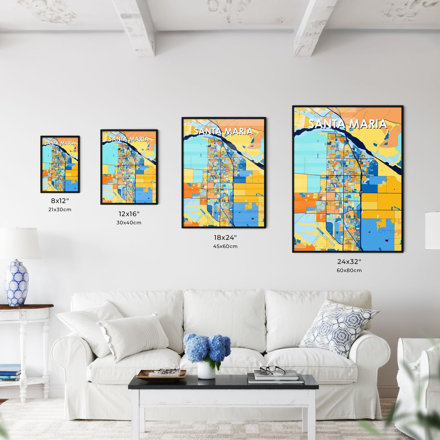 SANTA MARIA CALIFORNIA Vibrant Colorful Art Map Poster Blue Orange