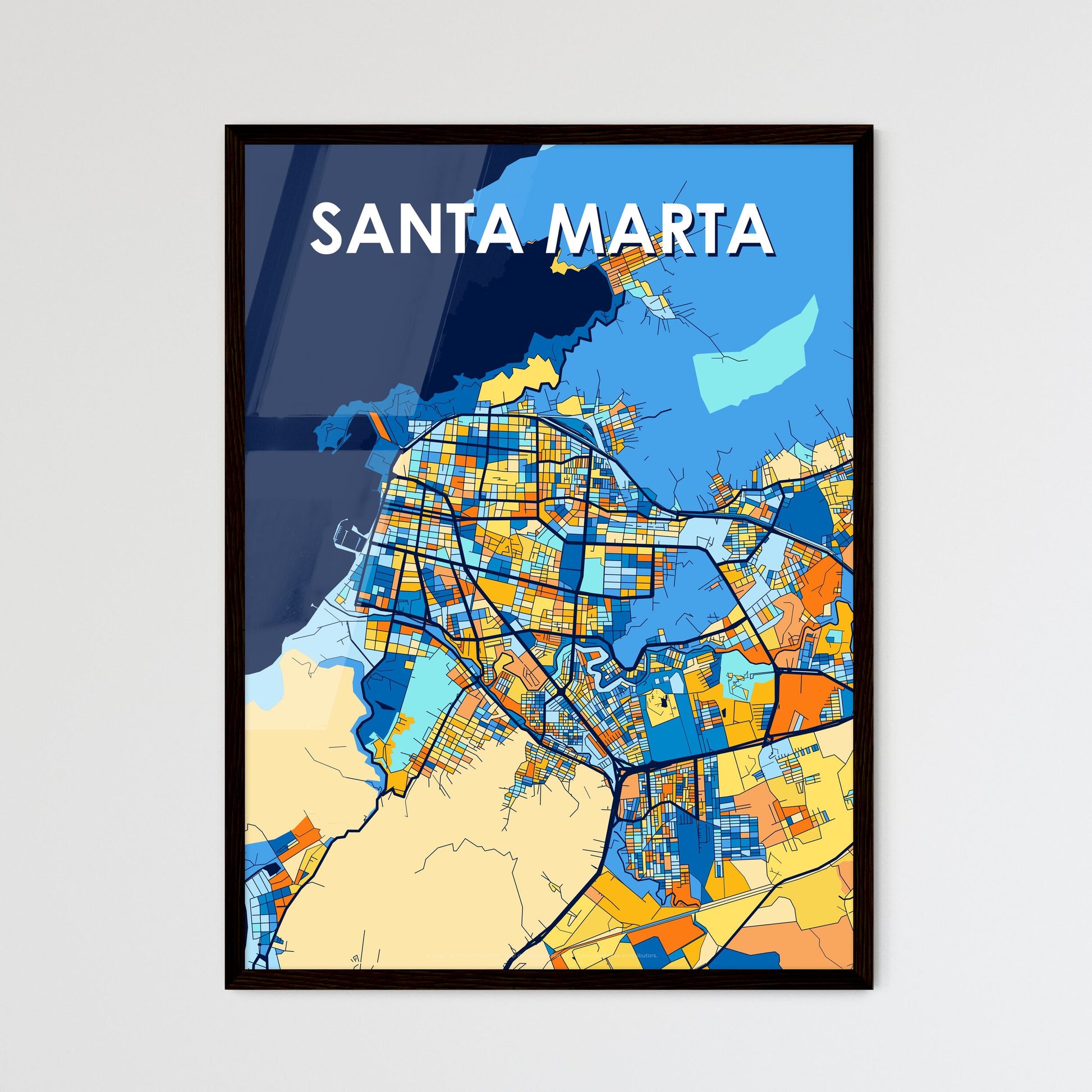 SANTA MARTA COLOMBIA Vibrant Colorful Art Map Poster Blue Orange