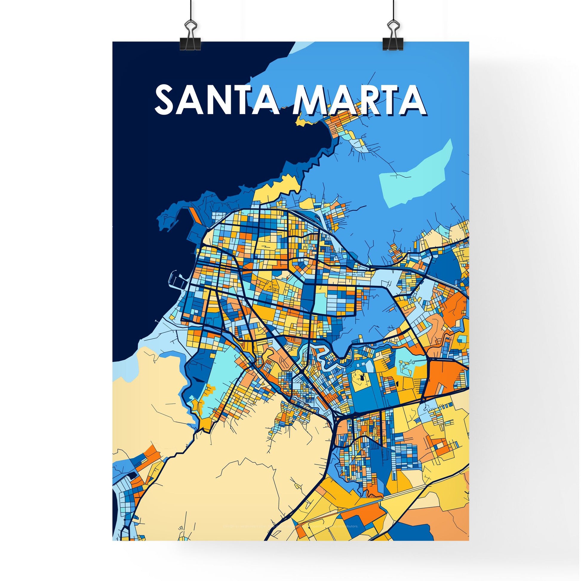 SANTA MARTA COLOMBIA Vibrant Colorful Art Map Poster Blue Orange