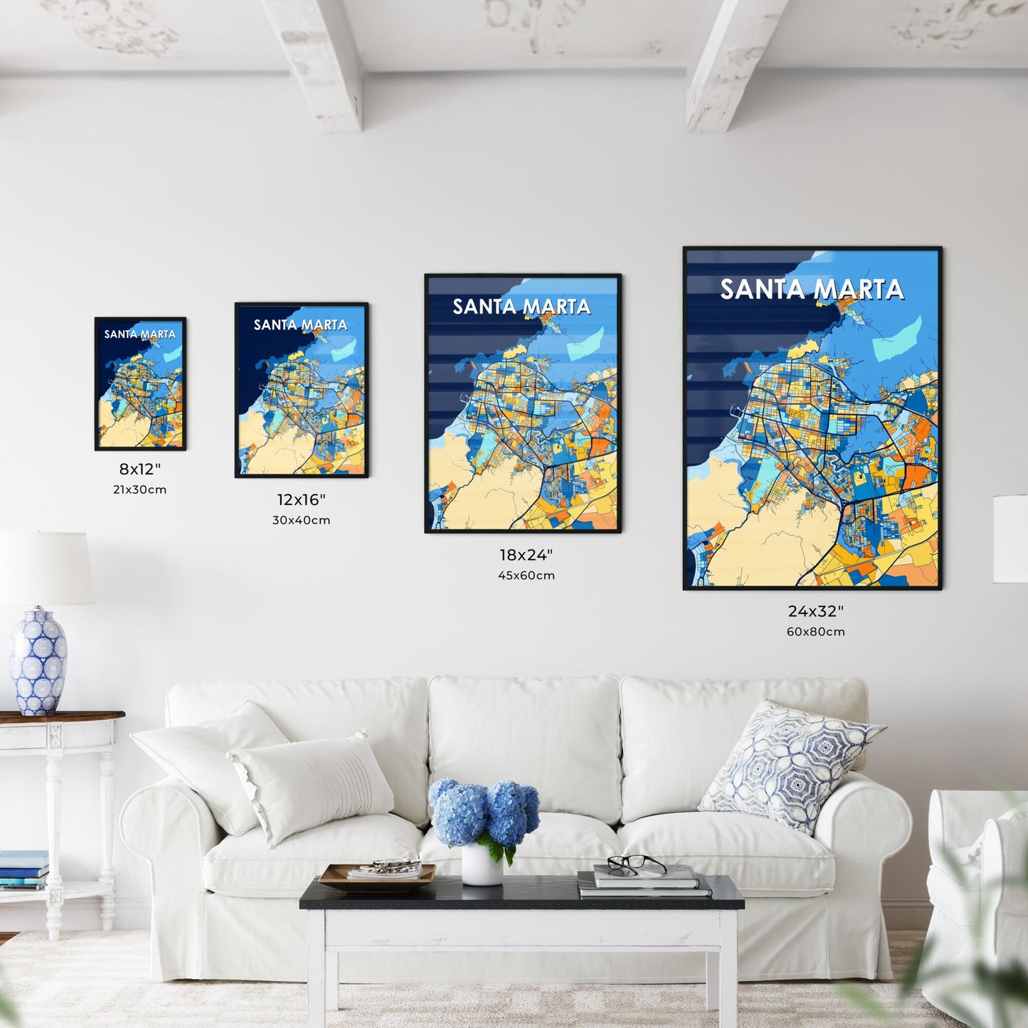 SANTA MARTA COLOMBIA Vibrant Colorful Art Map Poster Blue Orange