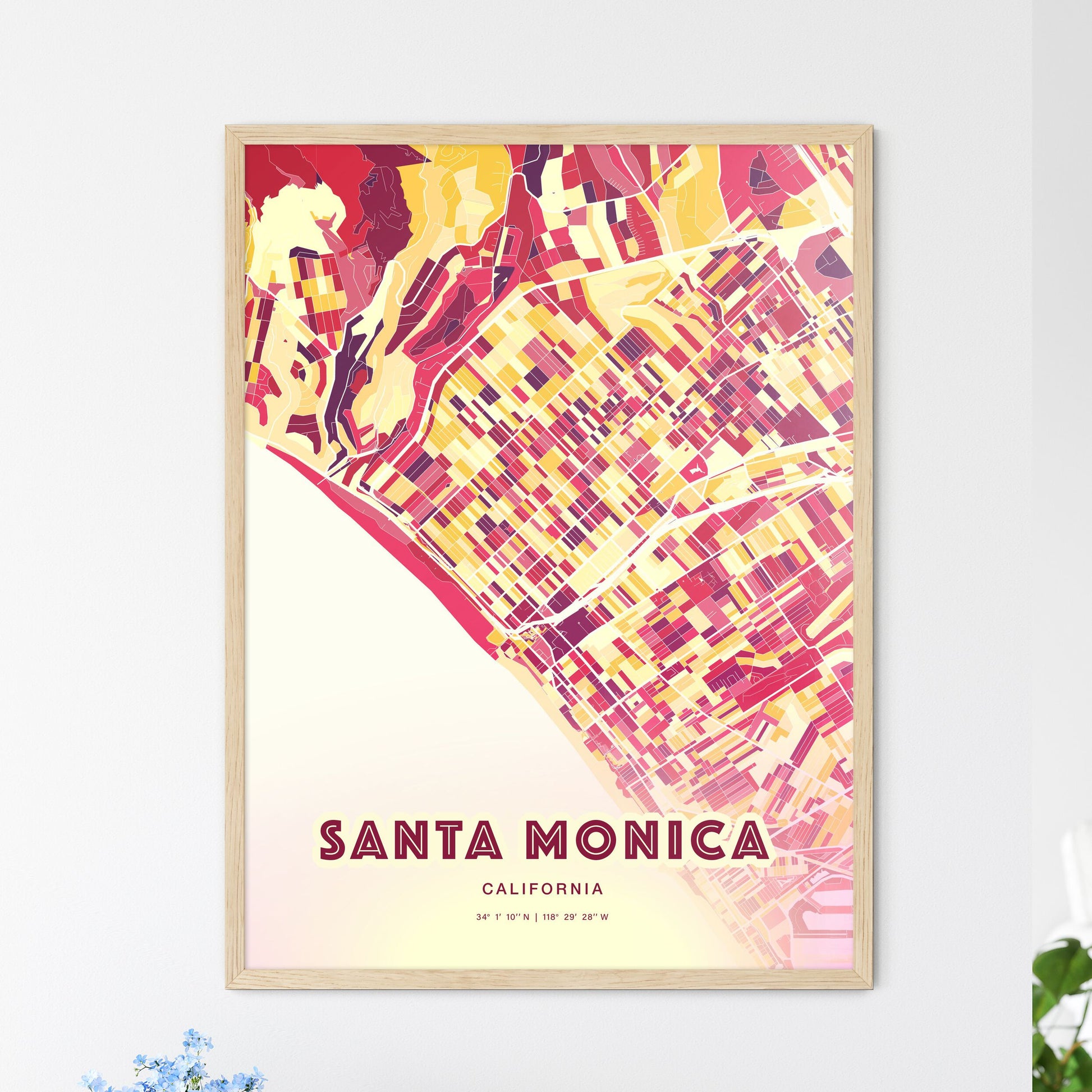 Colorful Santa Monica California Fine Art Map Hot Red
