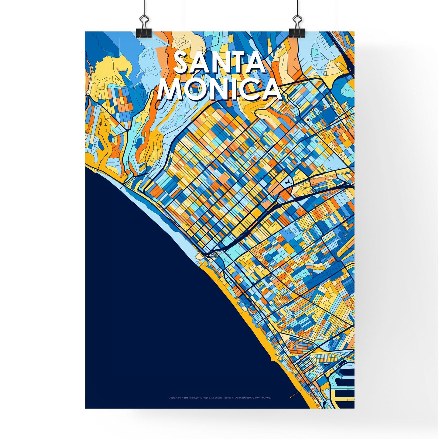 SANTA MONICA CALIFORNIA Vibrant Colorful Art Map Poster Blue Orange