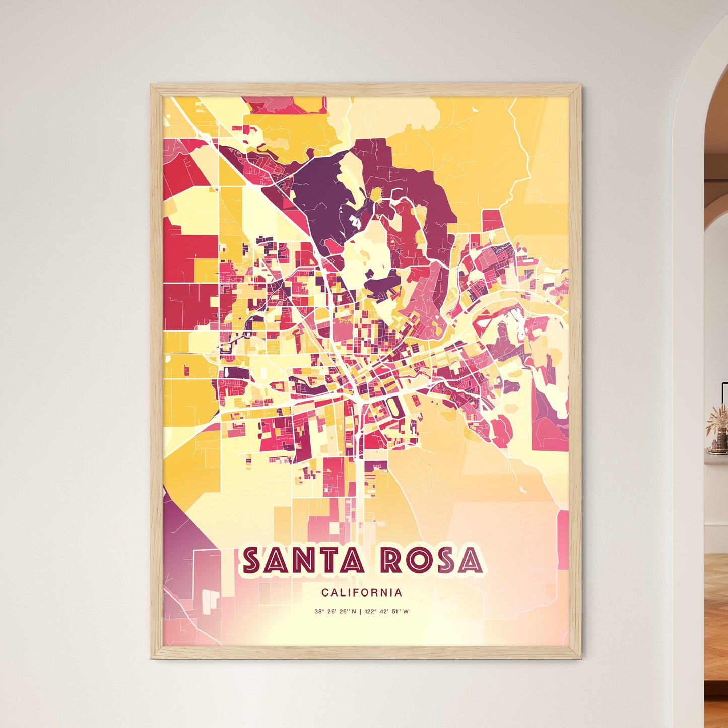 Colorful Santa Rosa California Fine Art Map Hot Red