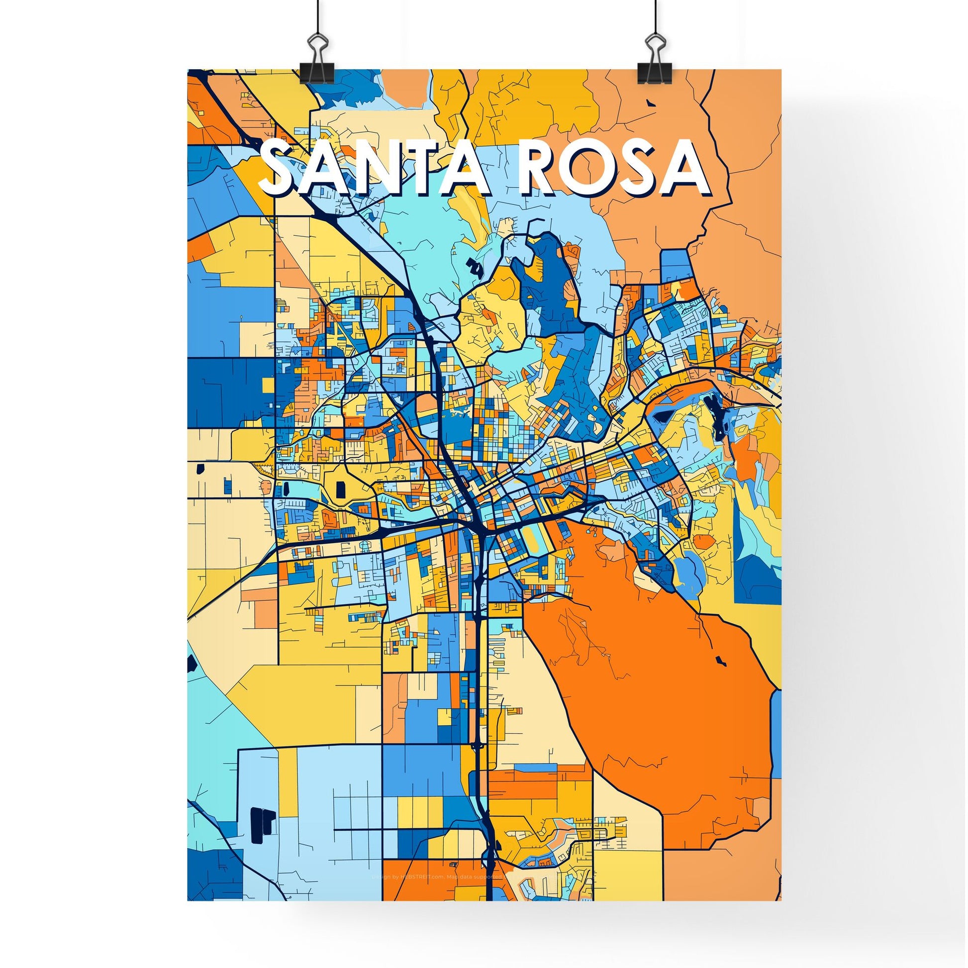 SANTA ROSA CALIFORNIA Vibrant Colorful Art Map Poster Blue Orange