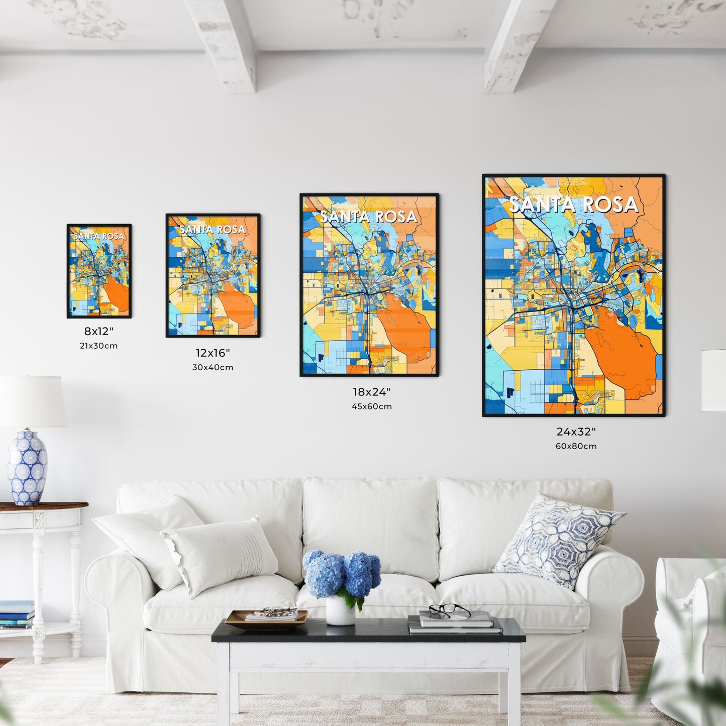 SANTA ROSA CALIFORNIA Vibrant Colorful Art Map Poster Blue Orange