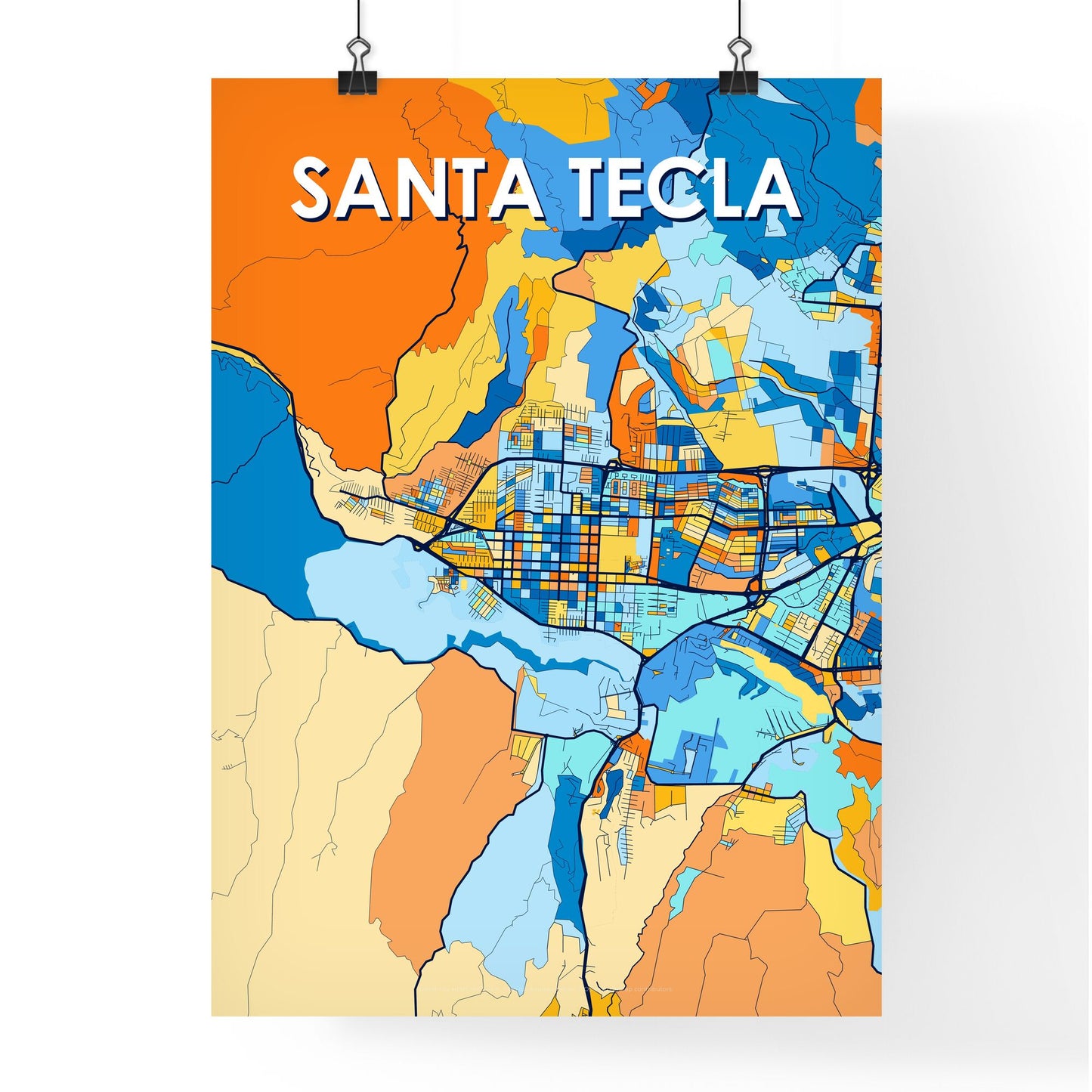 SANTA TECLA EL SALVADOR Vibrant Colorful Art Map Poster Blue Orange