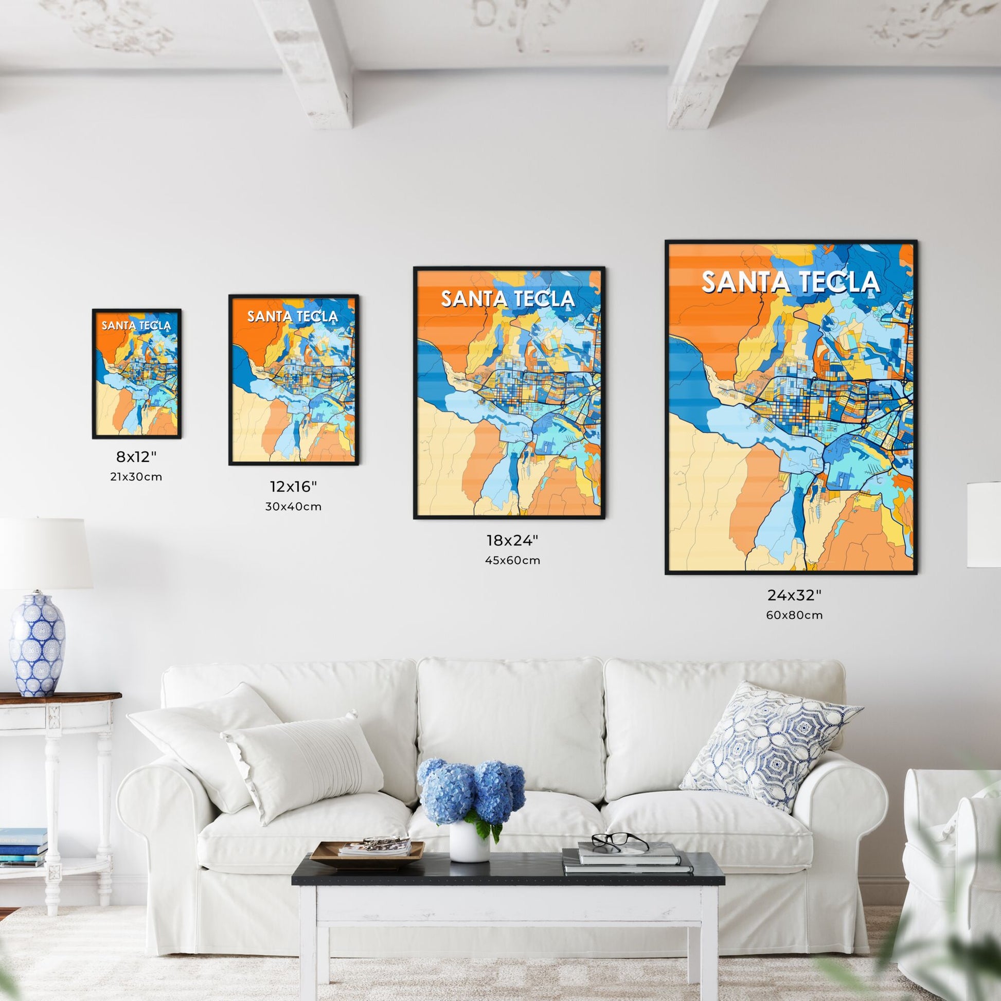 SANTA TECLA EL SALVADOR Vibrant Colorful Art Map Poster Blue Orange