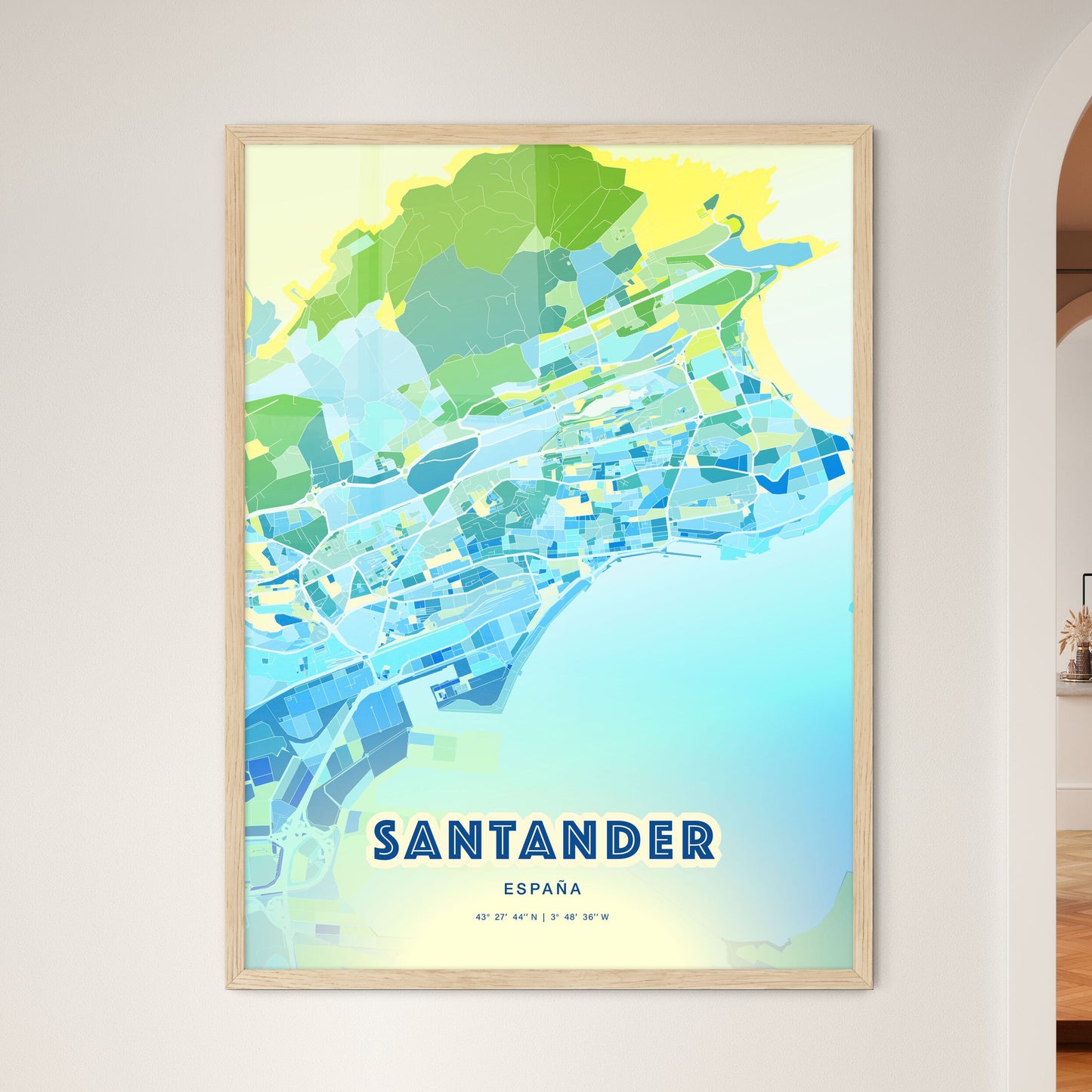 Colorful Santander Spain Fine Art Map Cool Blue