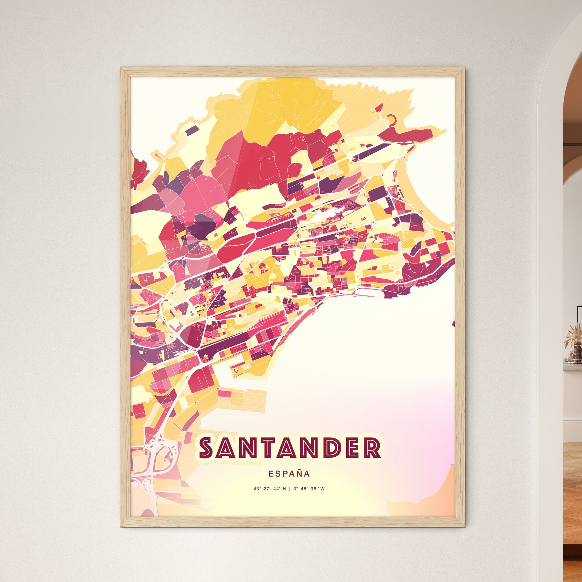 Colorful Santander Spain Fine Art Map Hot Red