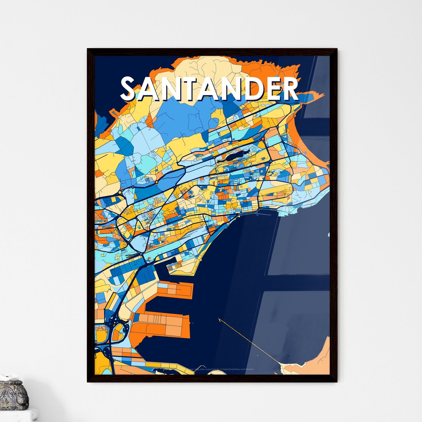 SANTANDER SPAIN Vibrant Colorful Art Map Poster Blue Orange