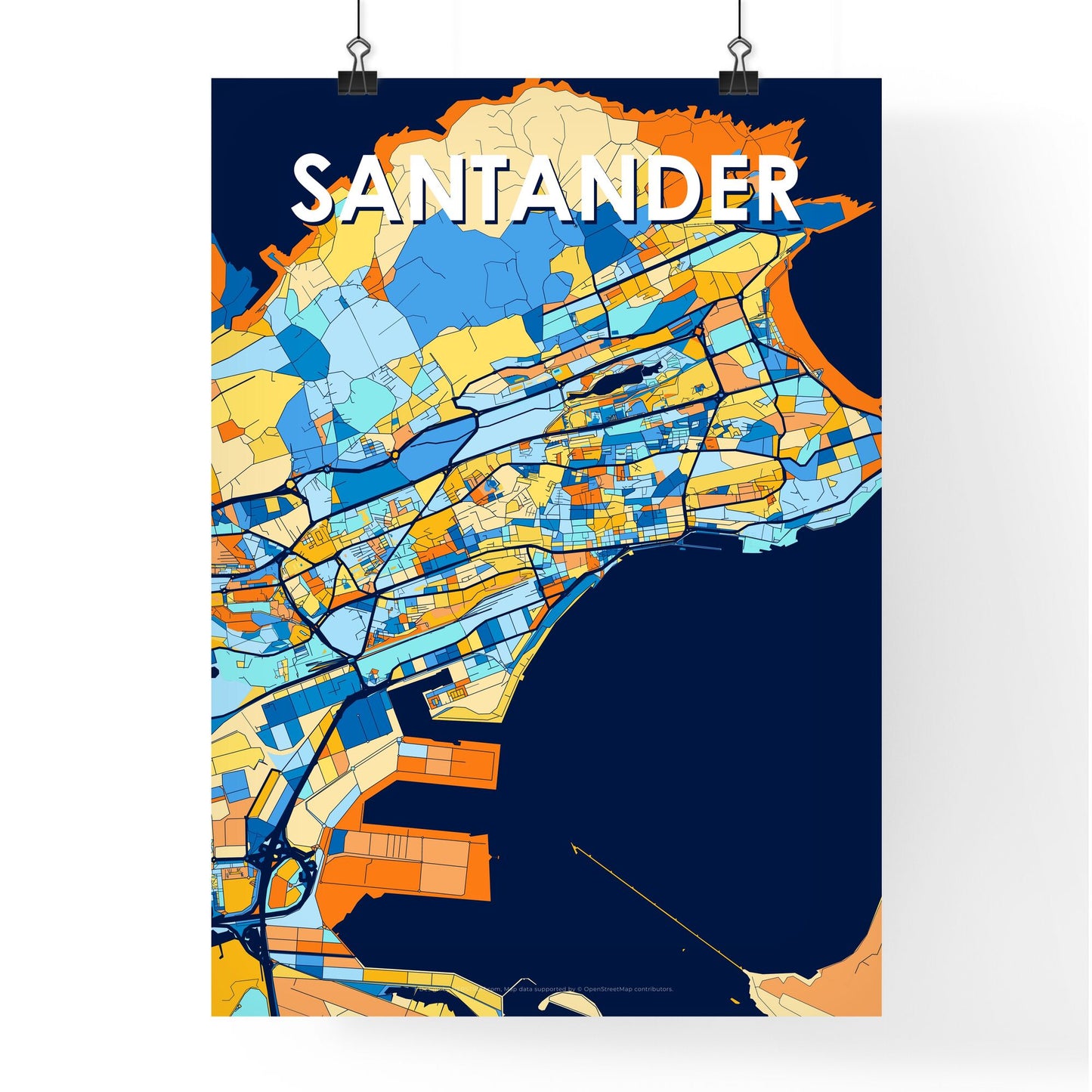 SANTANDER SPAIN Vibrant Colorful Art Map Poster Blue Orange